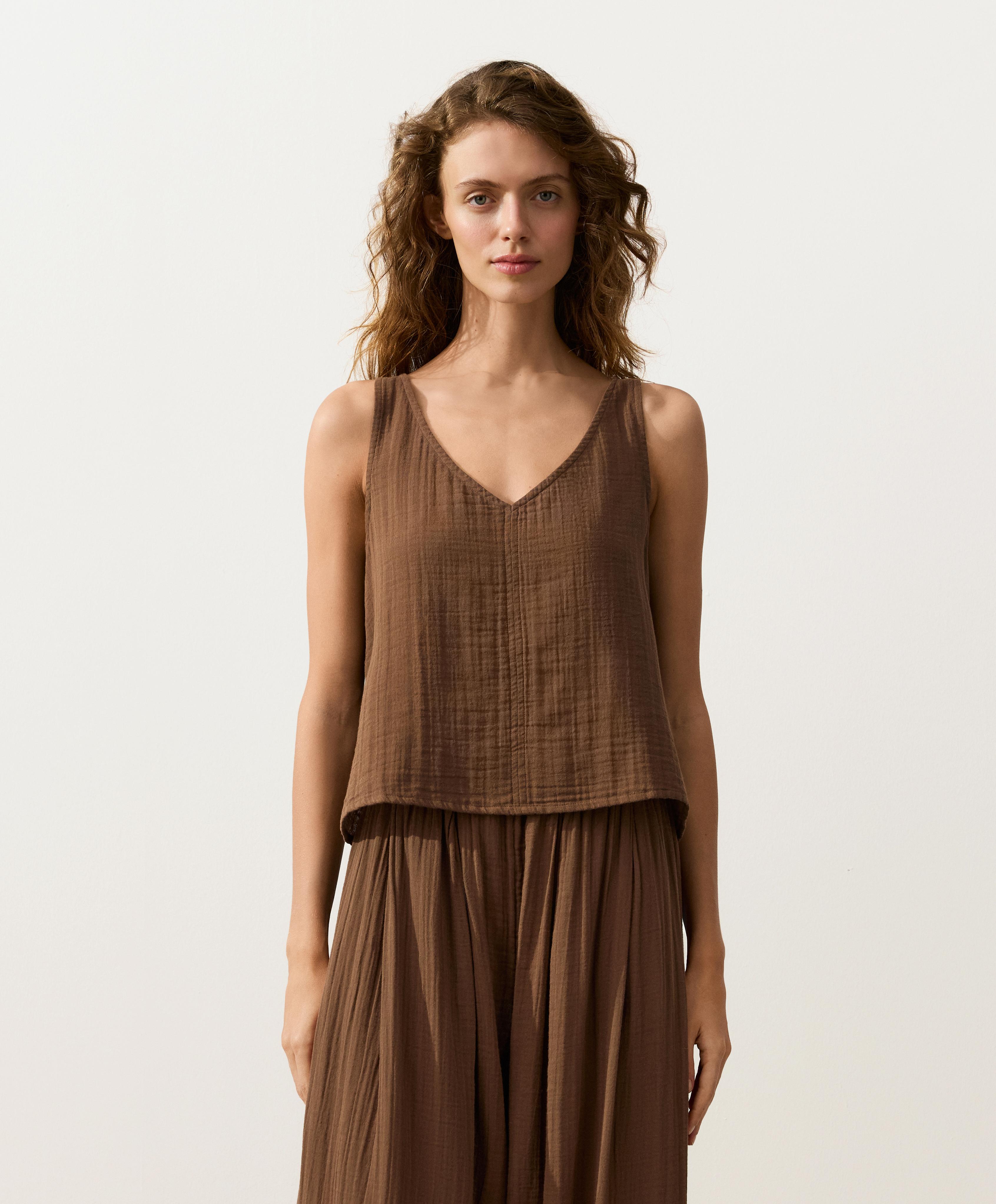 100% cotton gauze V-neck strappy top — TAN