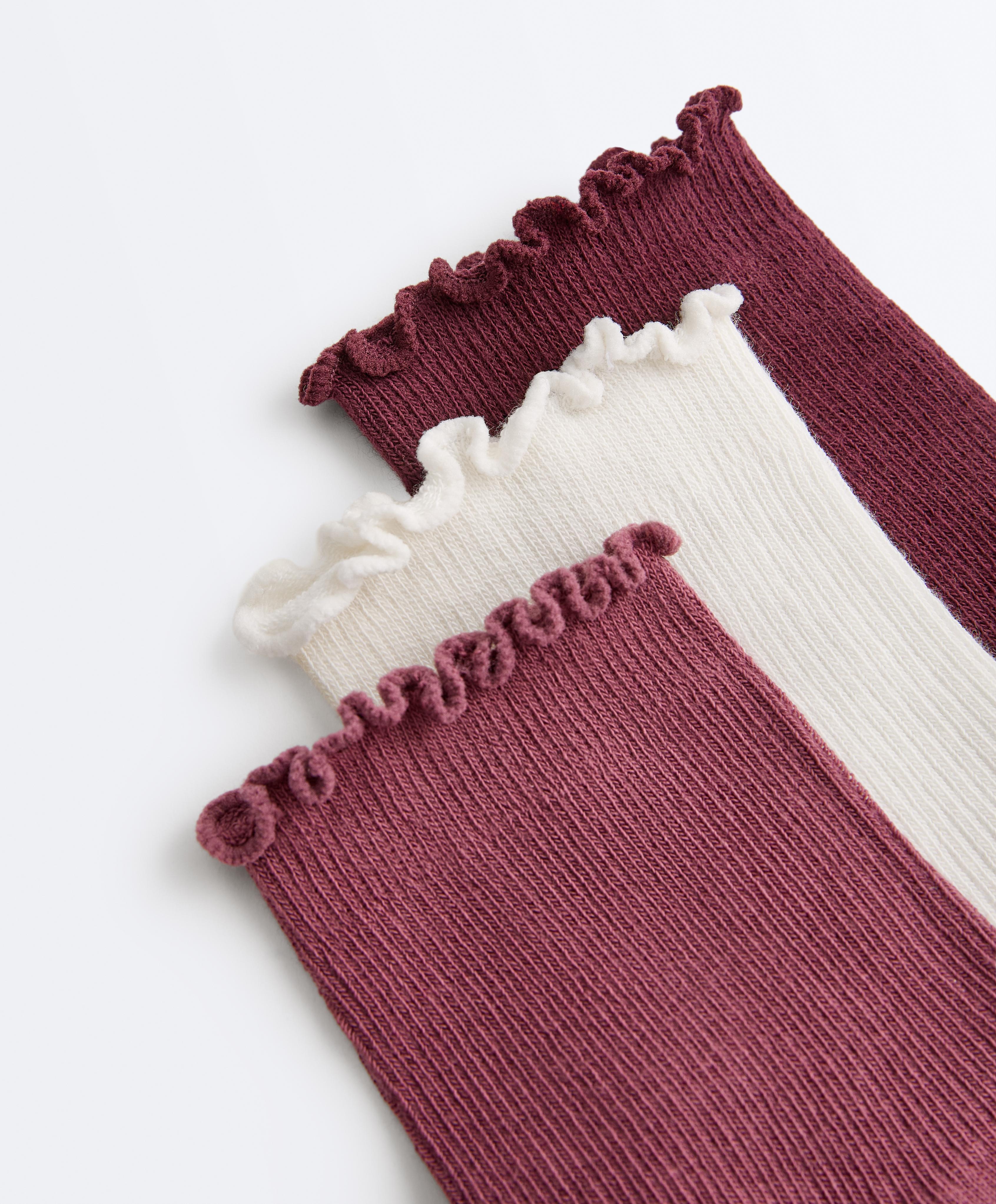 3 pairs of cotton blend quarter socks with curled edge — PLUM