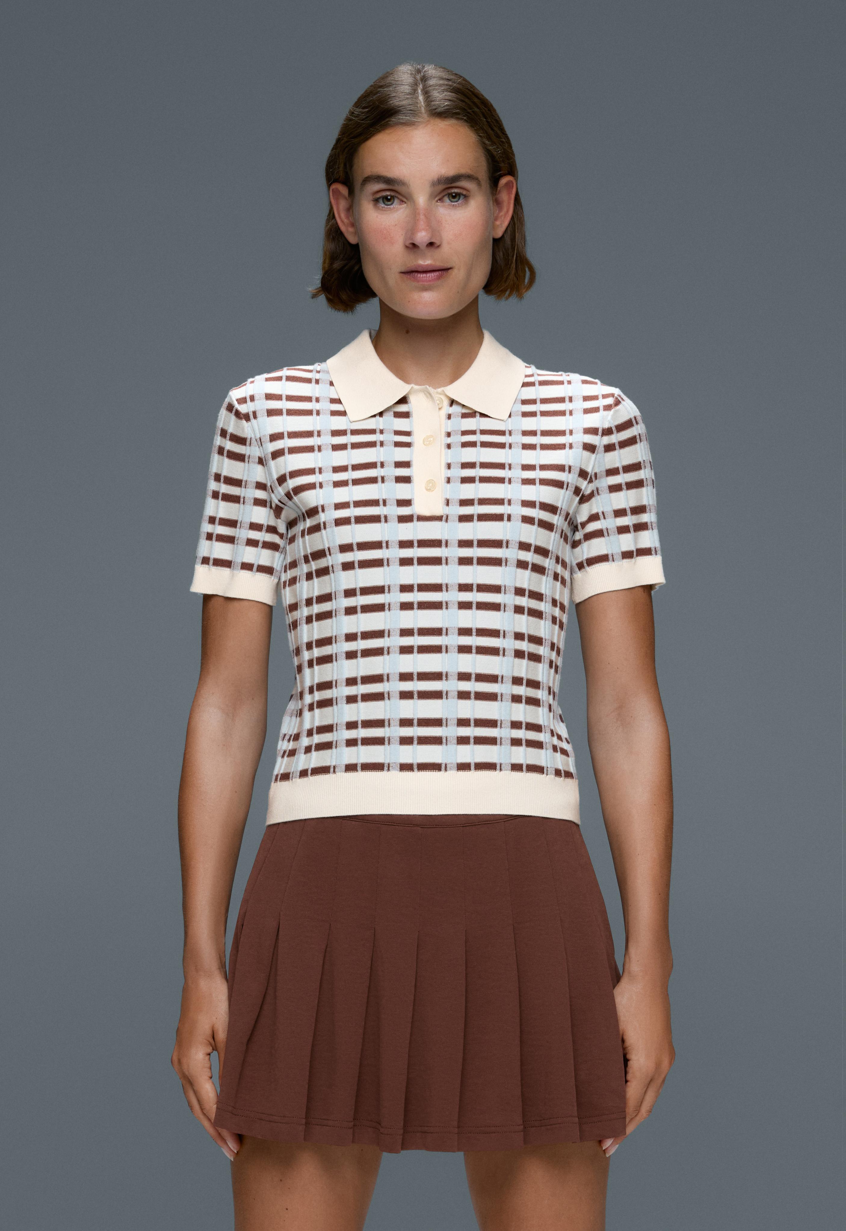 Short sleeve check knit polo shirt — PALE ECRU