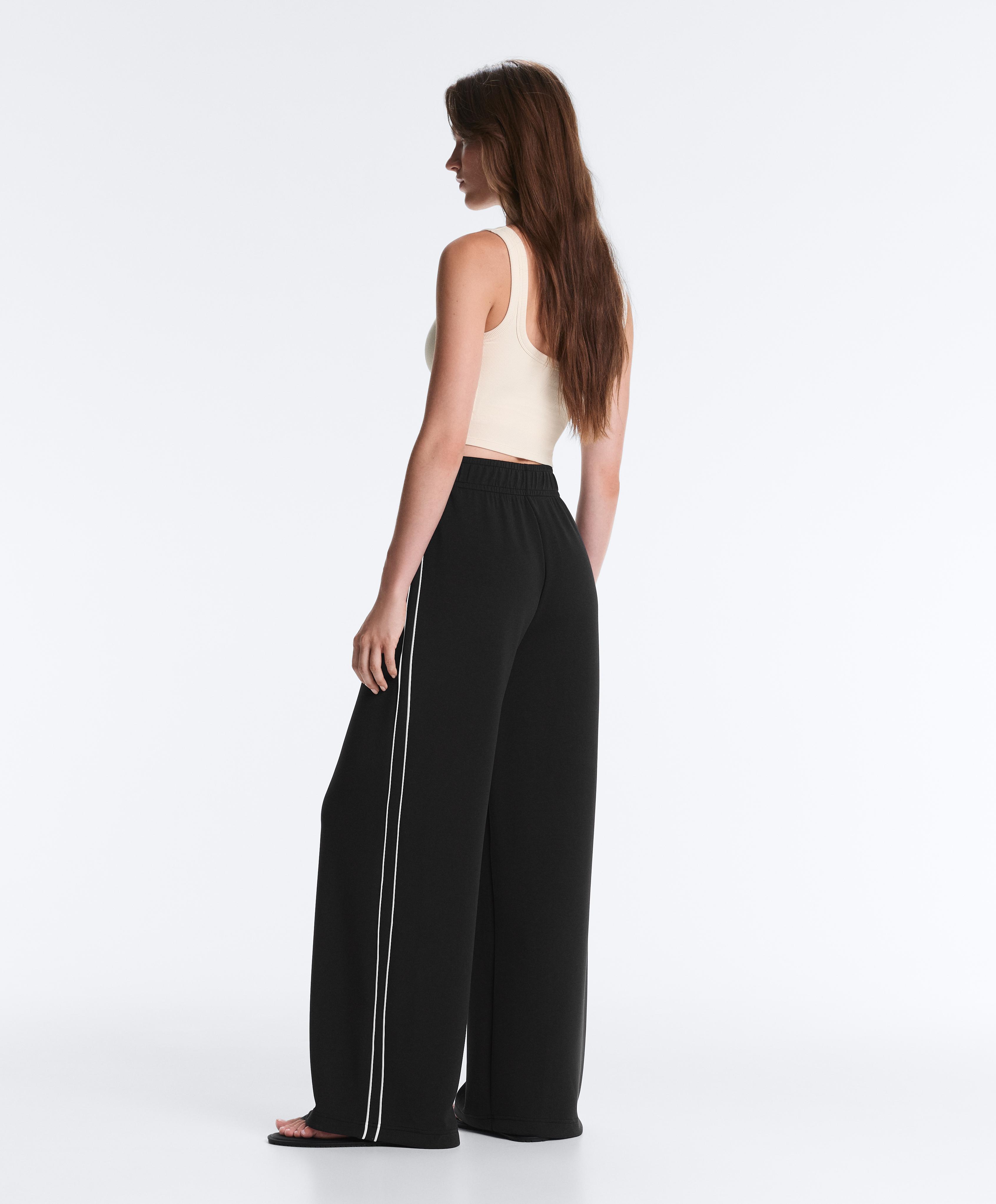 Wide-leg modal piping trousers — BLACK