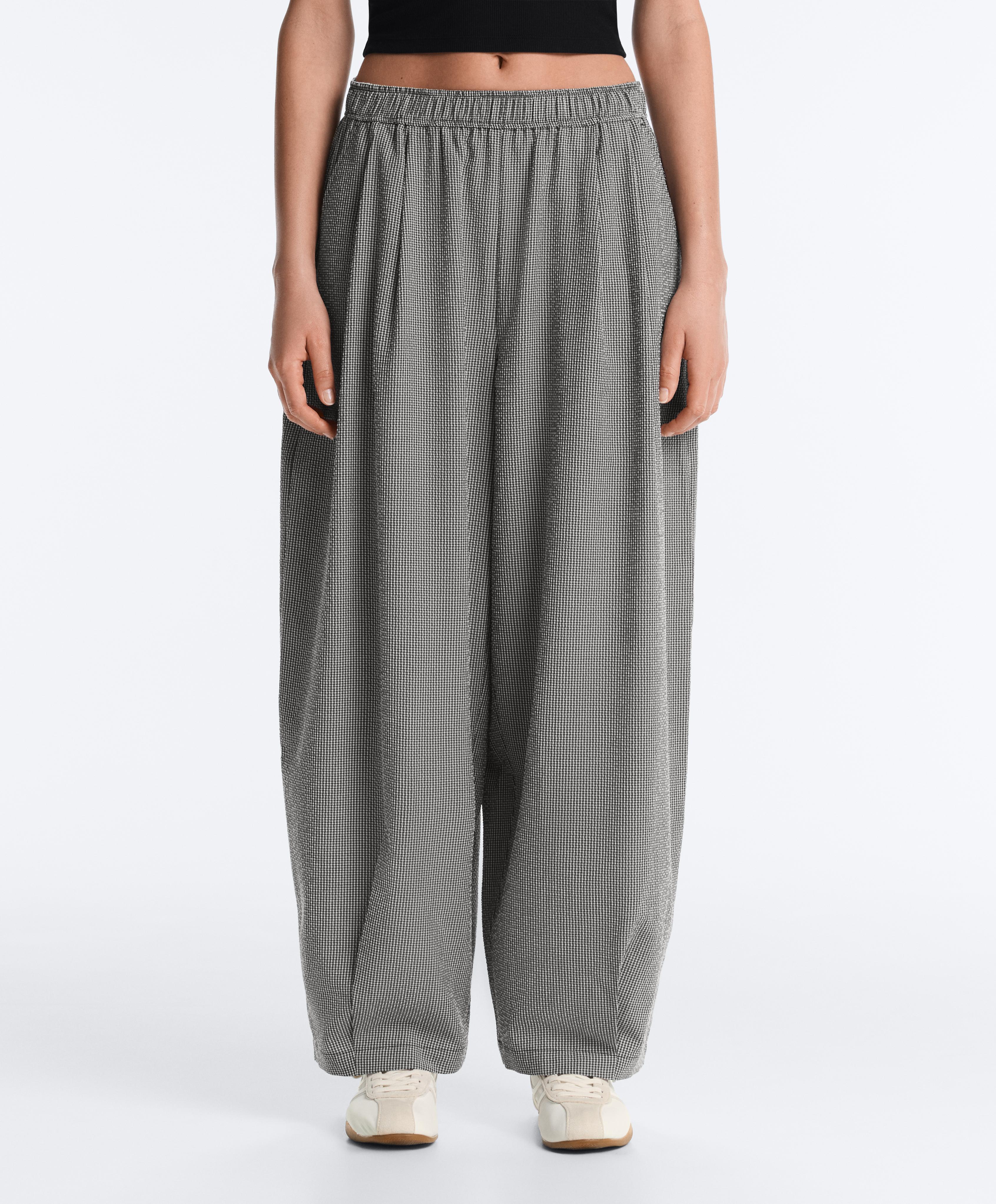 Gingham lyocell blend balloon trousers — DUSTY BLACK