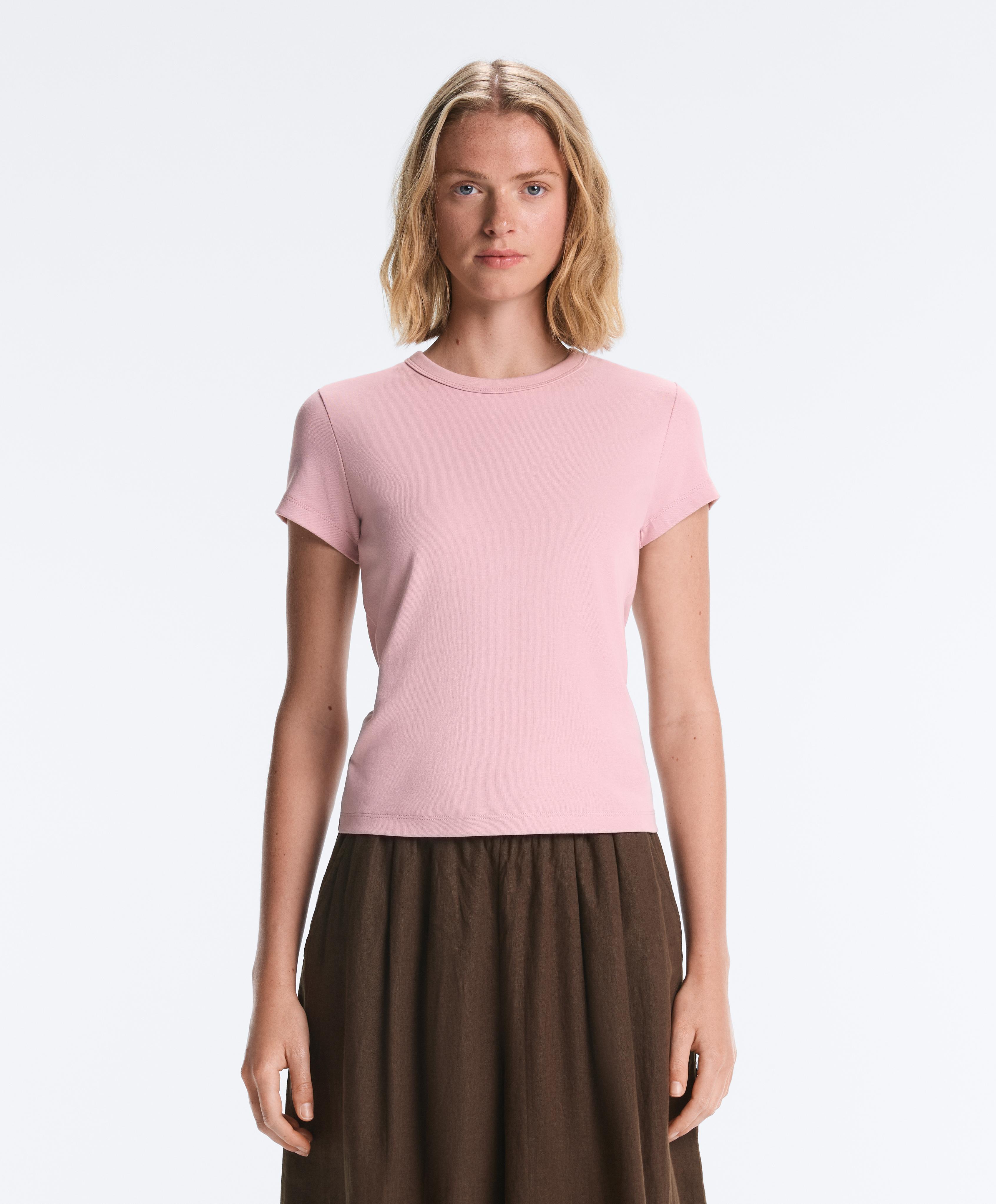 Fitted short sleeve rib T-shirt in cotton blend — PALE PINK