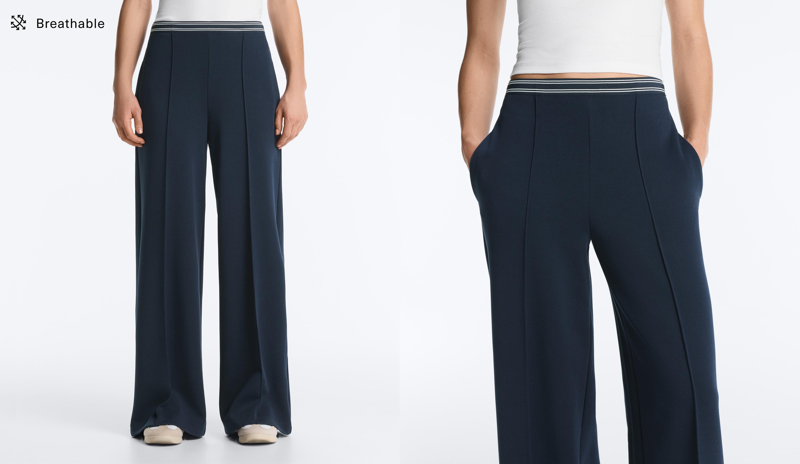 Straight-leg piqué trousers with cotton and contrast Piping — NAVY BLUE