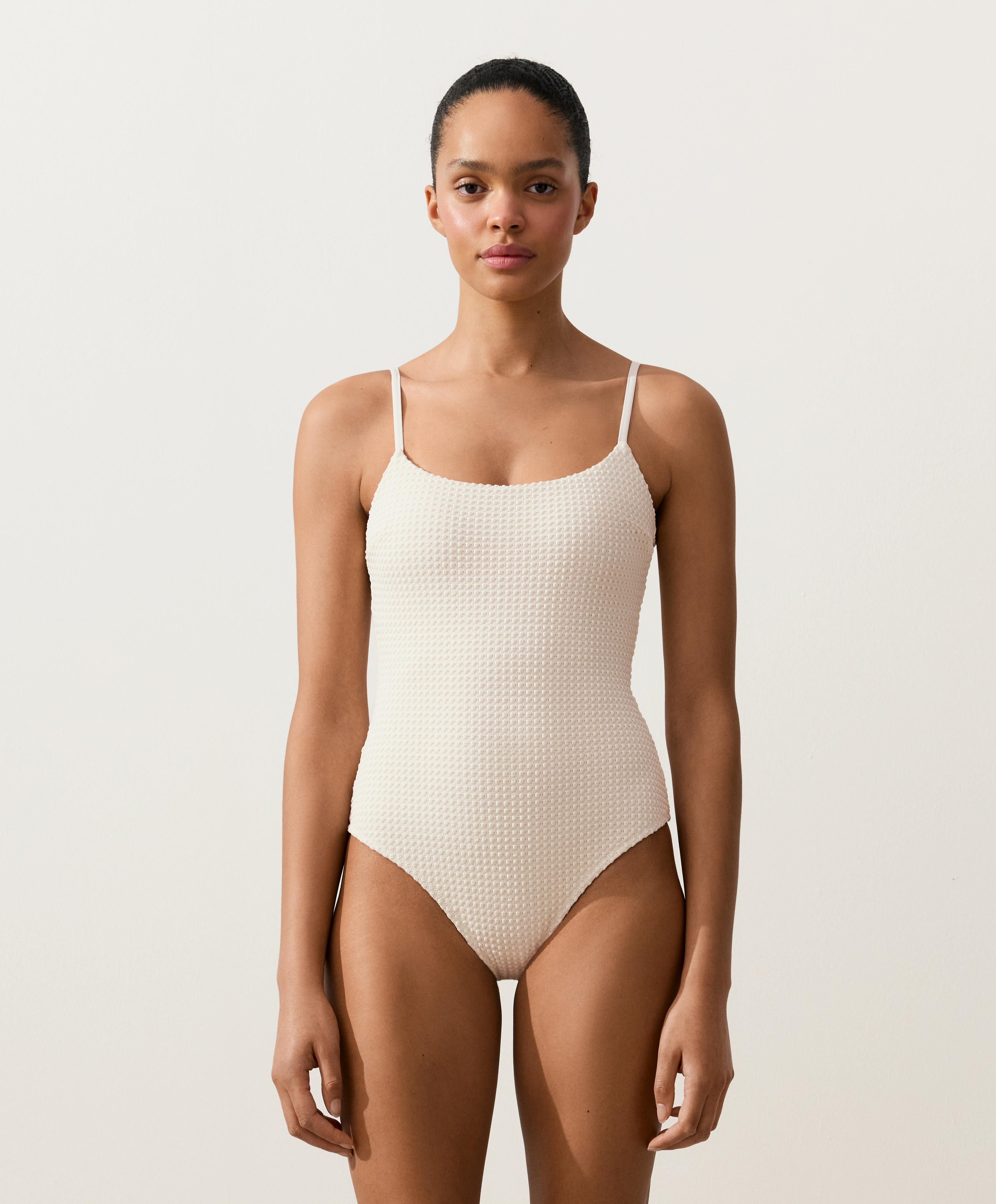 Bubble-texture crochet round neck swimsuit — ECRU