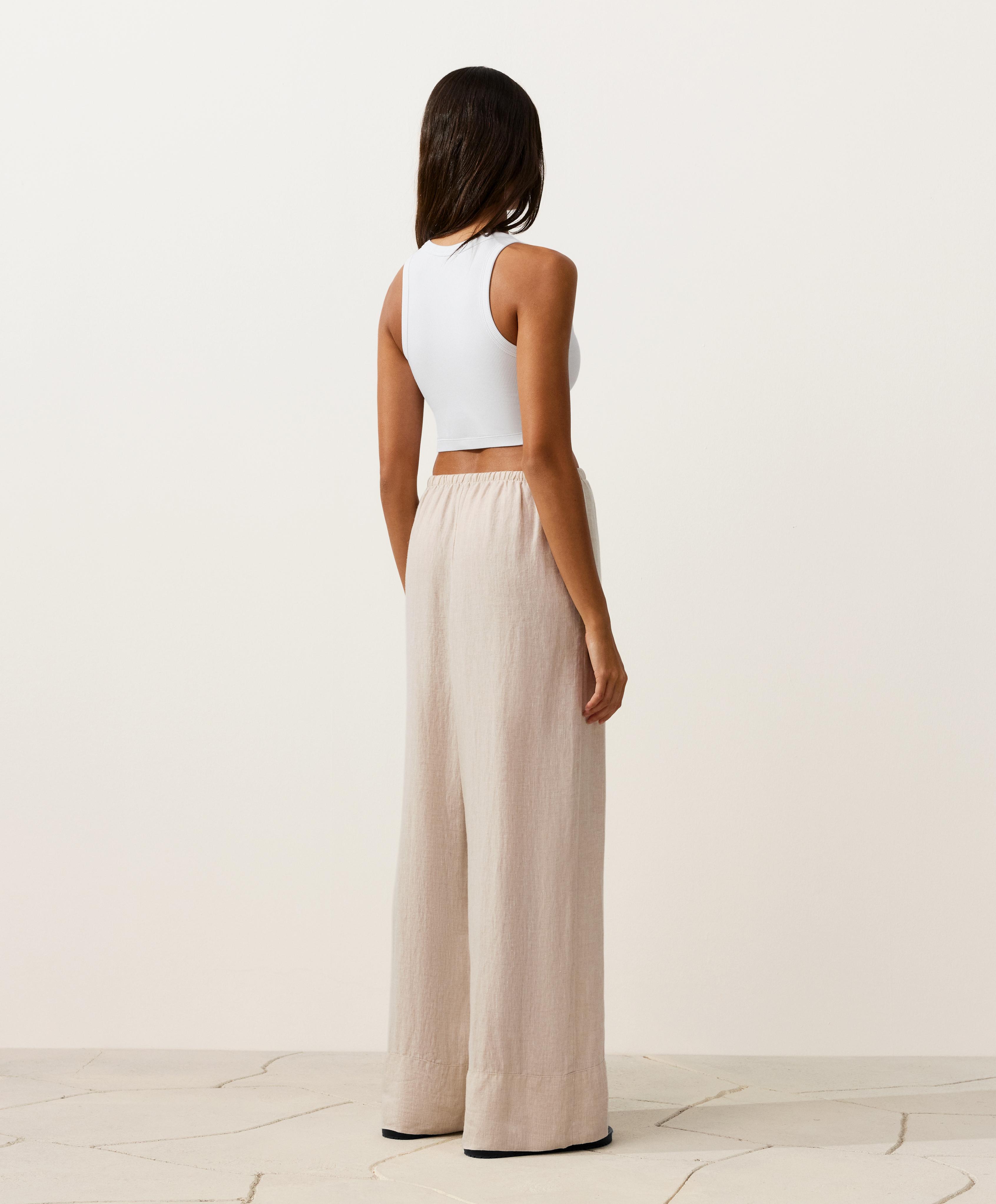 100% linen straight-leg trousers — SAND MELANGE