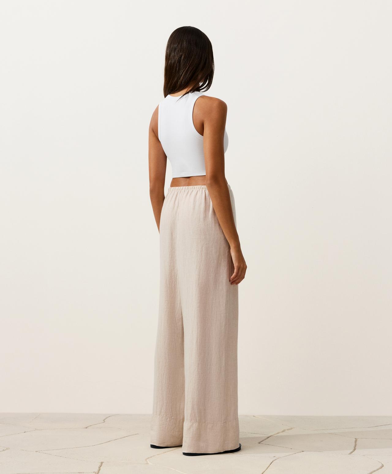 100% linen straight-leg trousers — SAND MELANGE