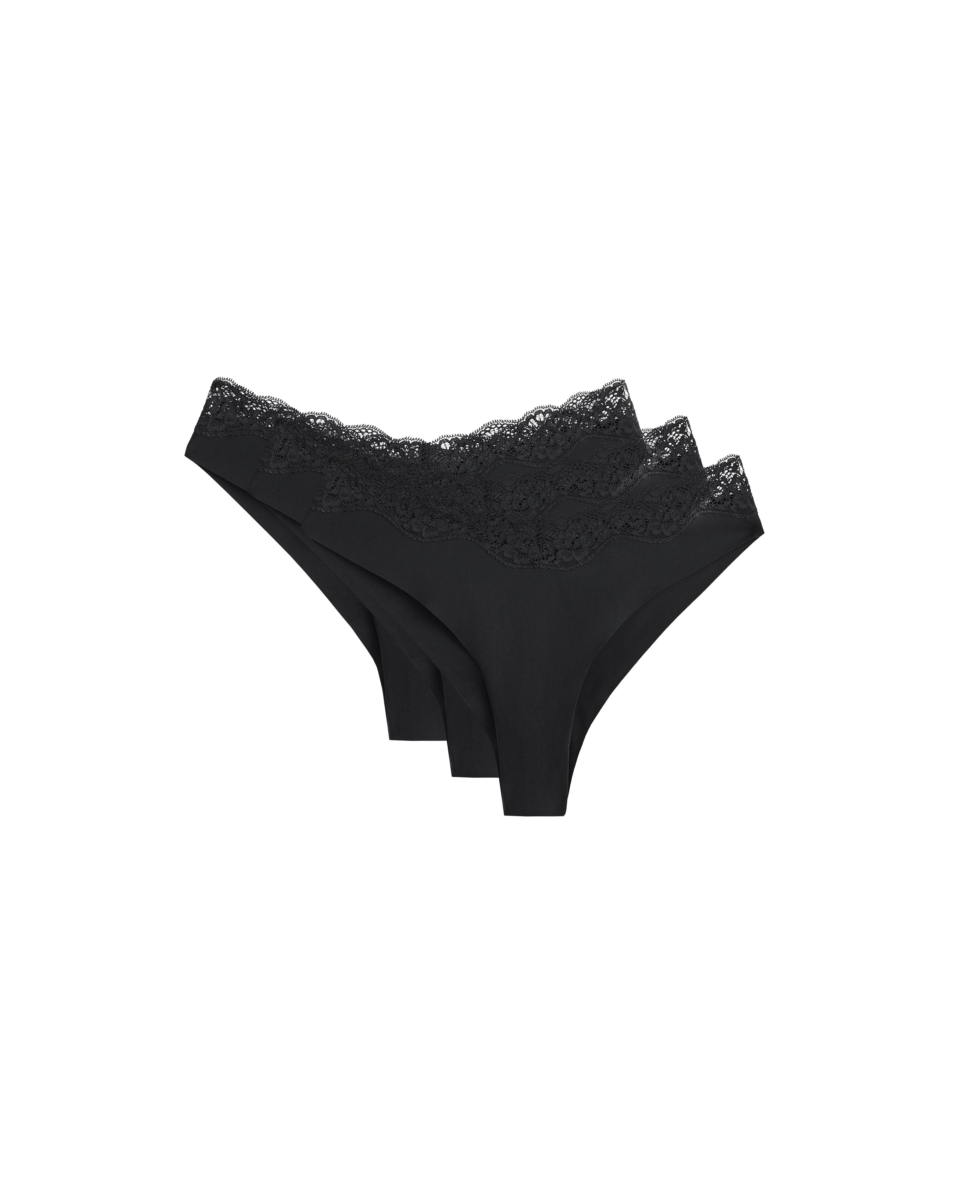 3 V-cut lace laser-cut polyamide Brazilian briefs — BLACK
