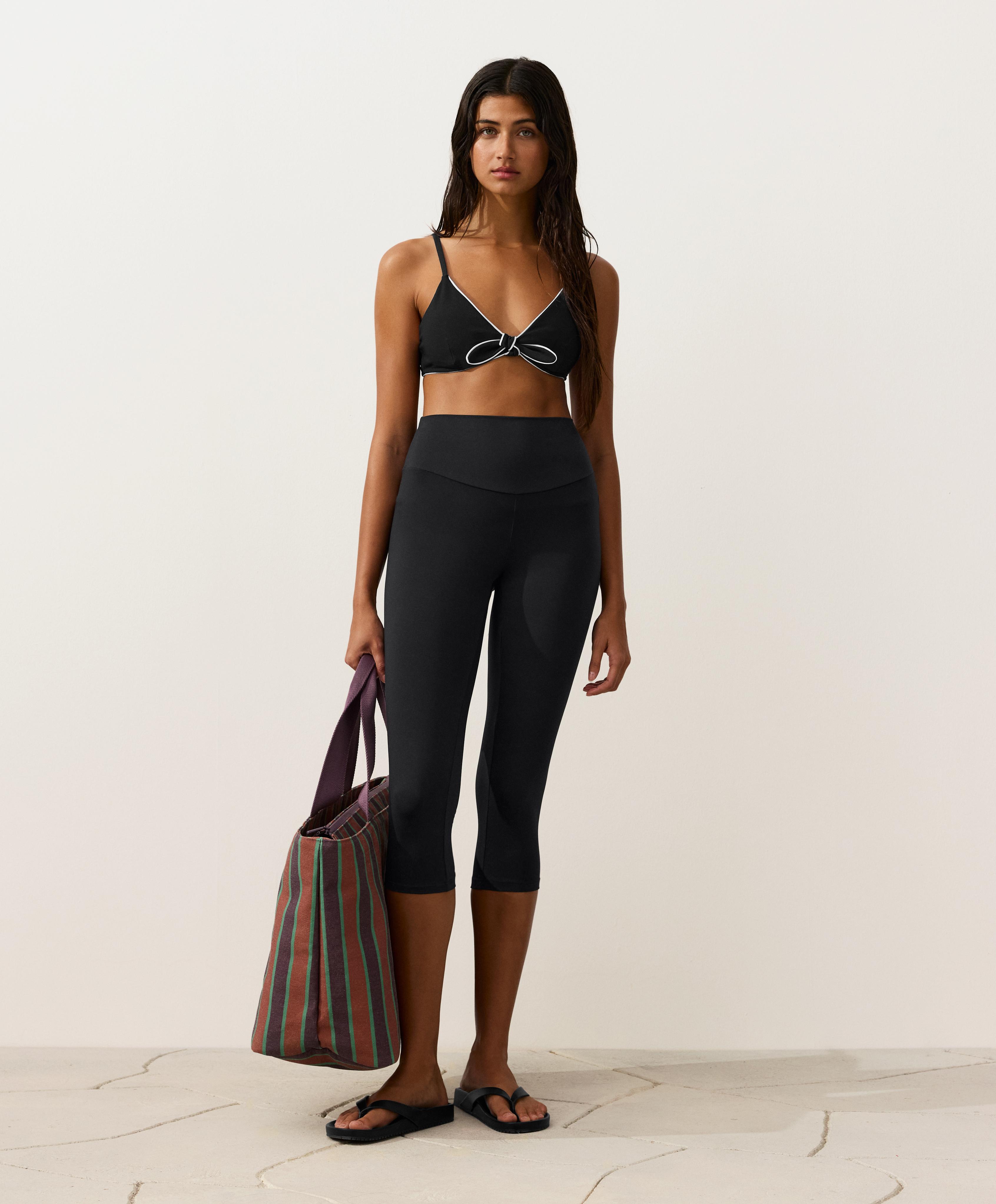Piping triangle bikini top with ties — BLACK