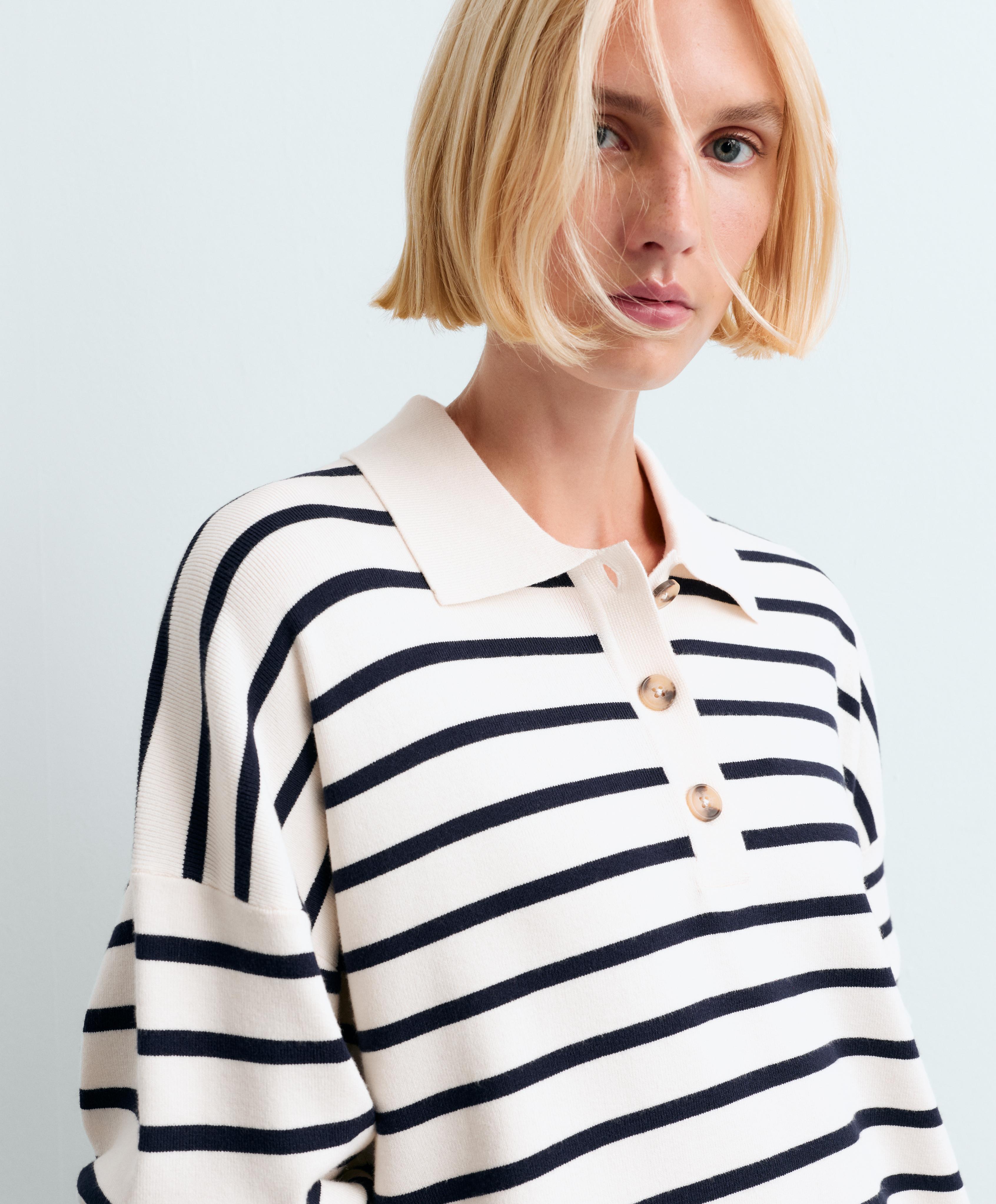 Striped knit polo jumper — PALE ECRU