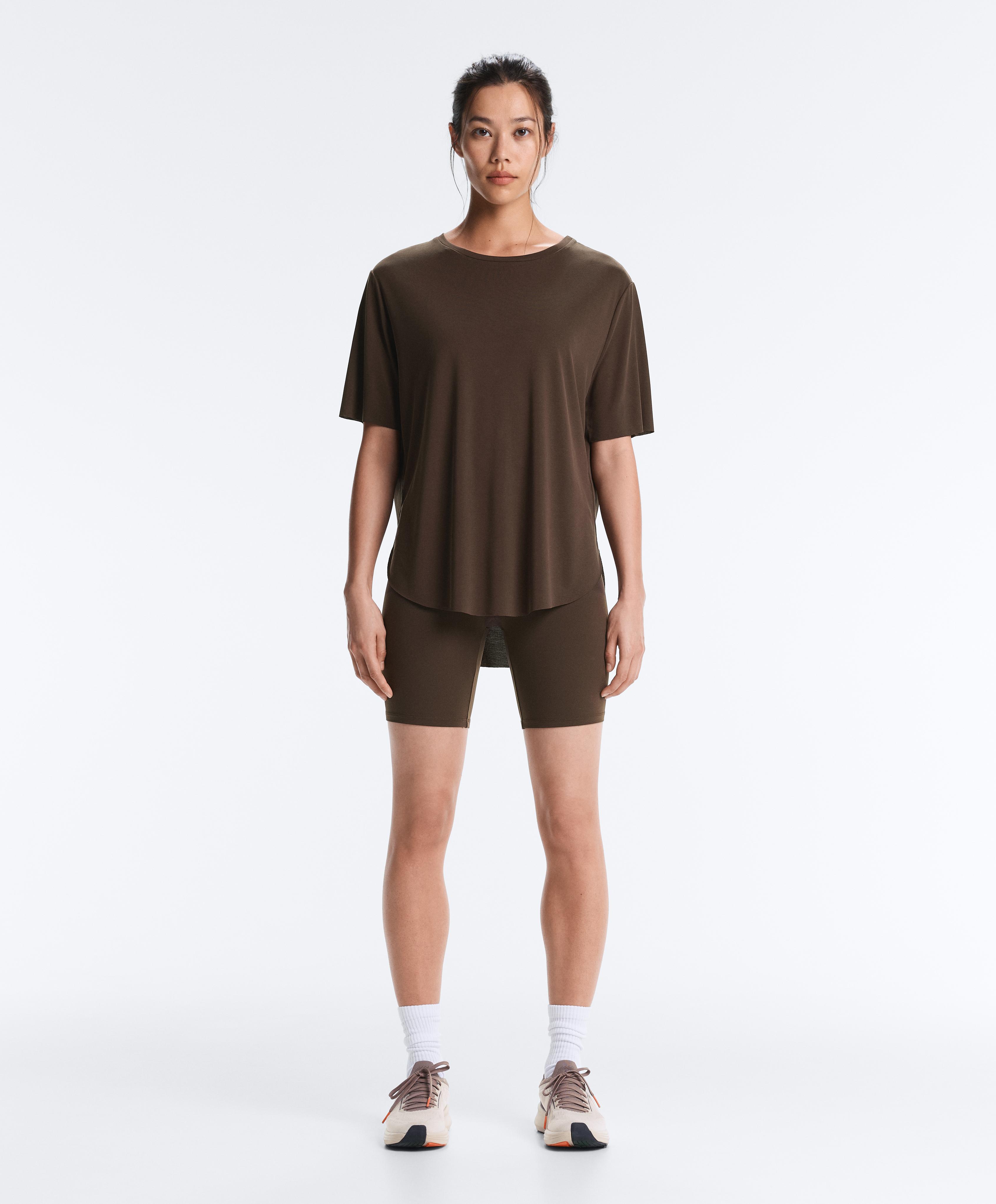 Modal blend short-sleeved rounded back T-shirt — DARK BROWN