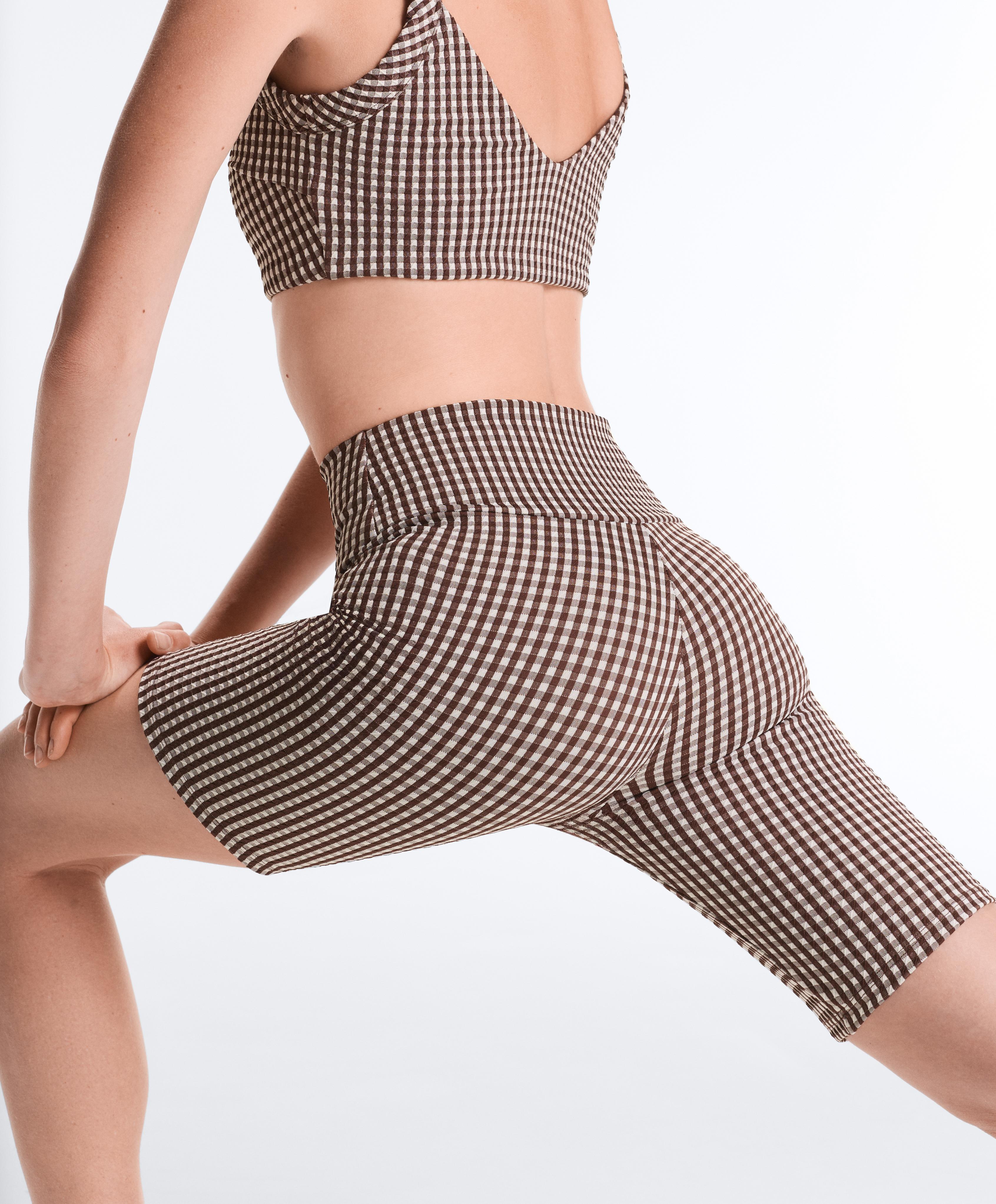 Comfortlux high-rise 20cm gingham biker leggings — DARK REDDISH‑BROWN