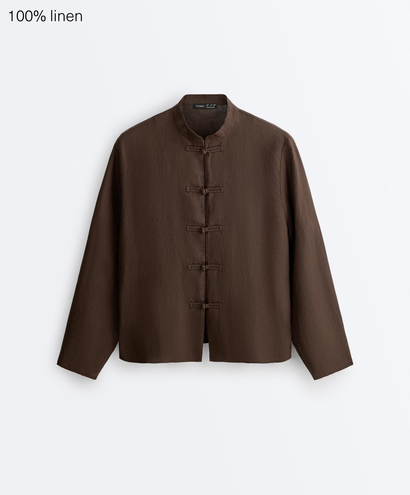 100% linen stand-up collar shirt with buttons