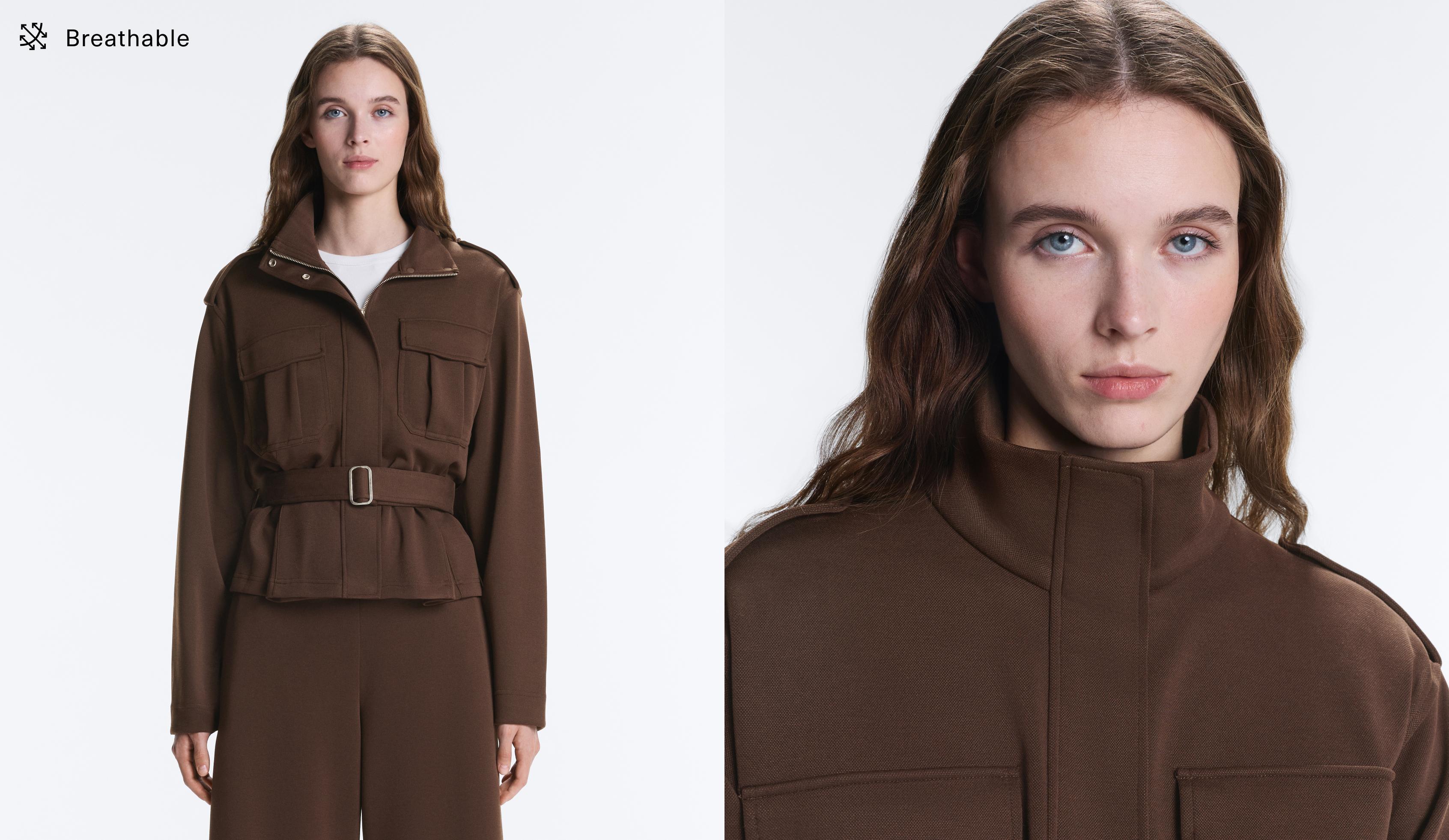 Cropped piqué utility jacket with belt — DARK BROWN