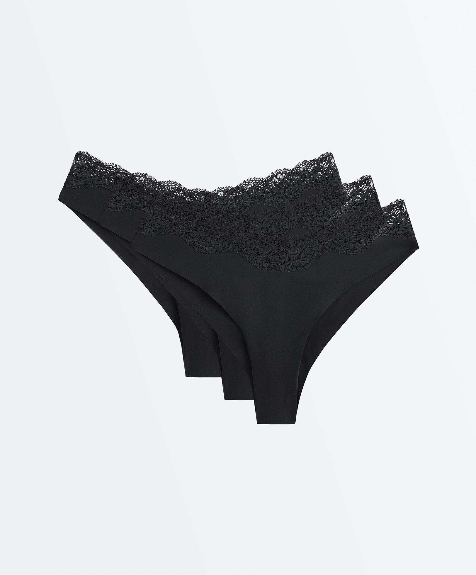 3 V-cut lace laser-cut polyamide Brazilian briefs — BLACK