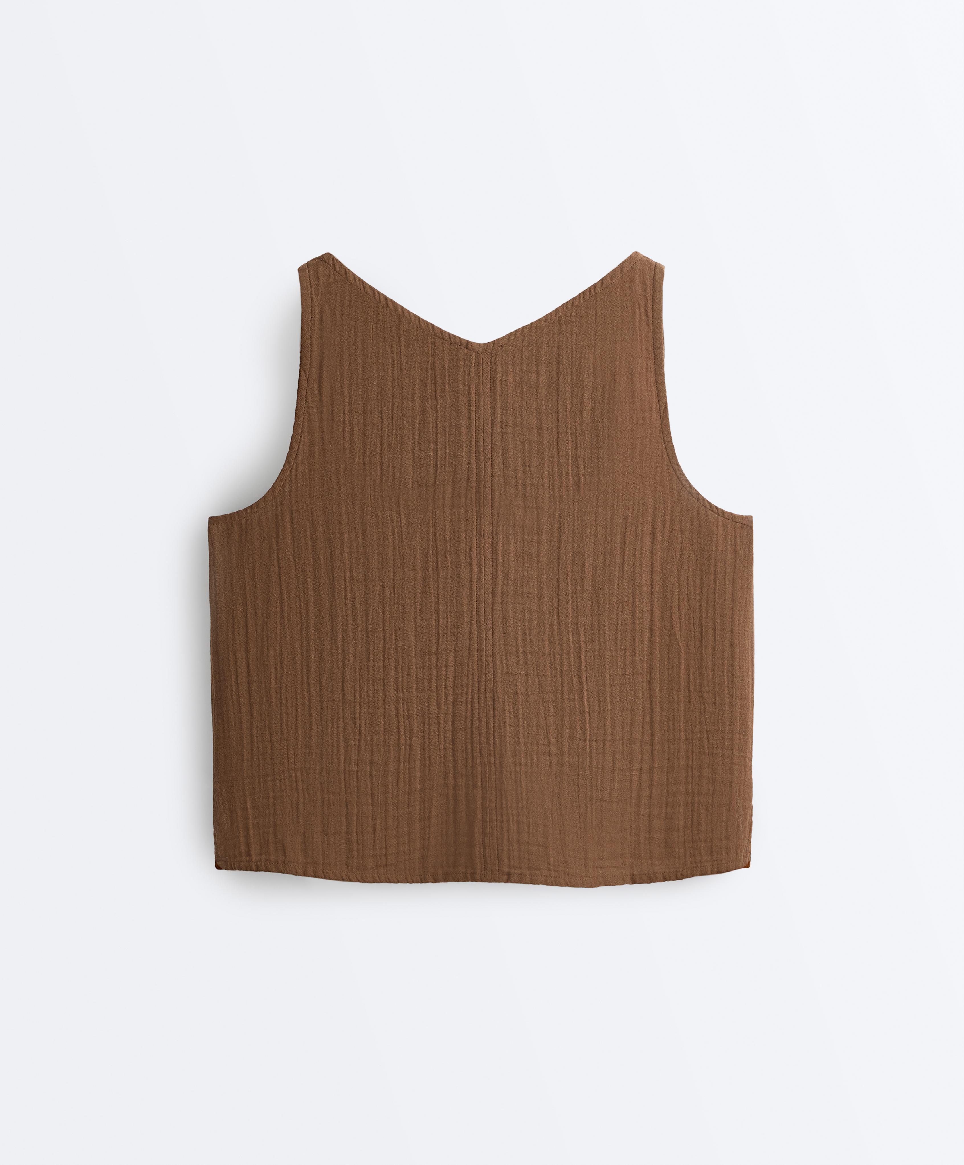 100% cotton gauze V-neck strappy top — TAN