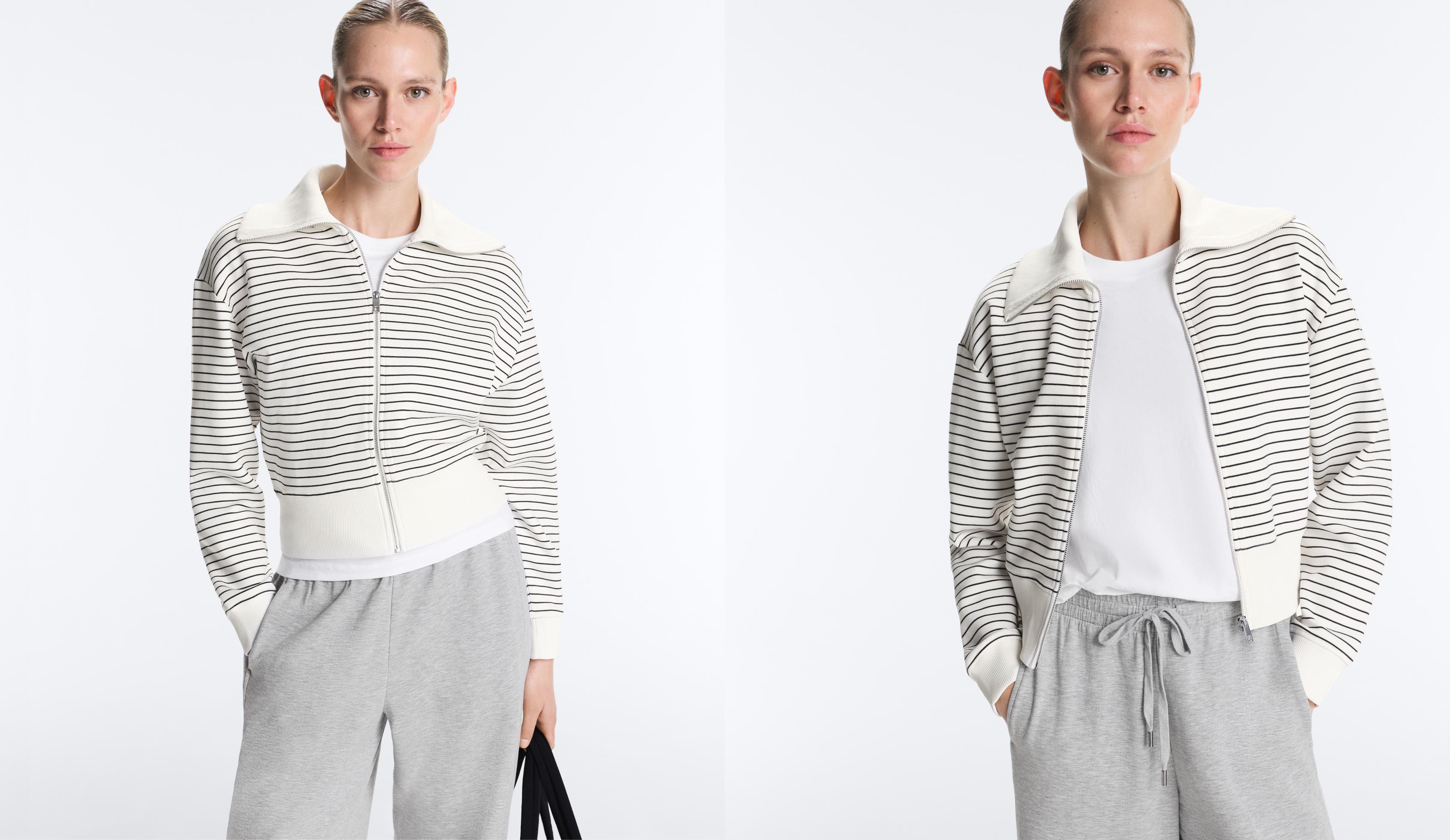 Striped rib neck jacket with cotton — PALE ECRU