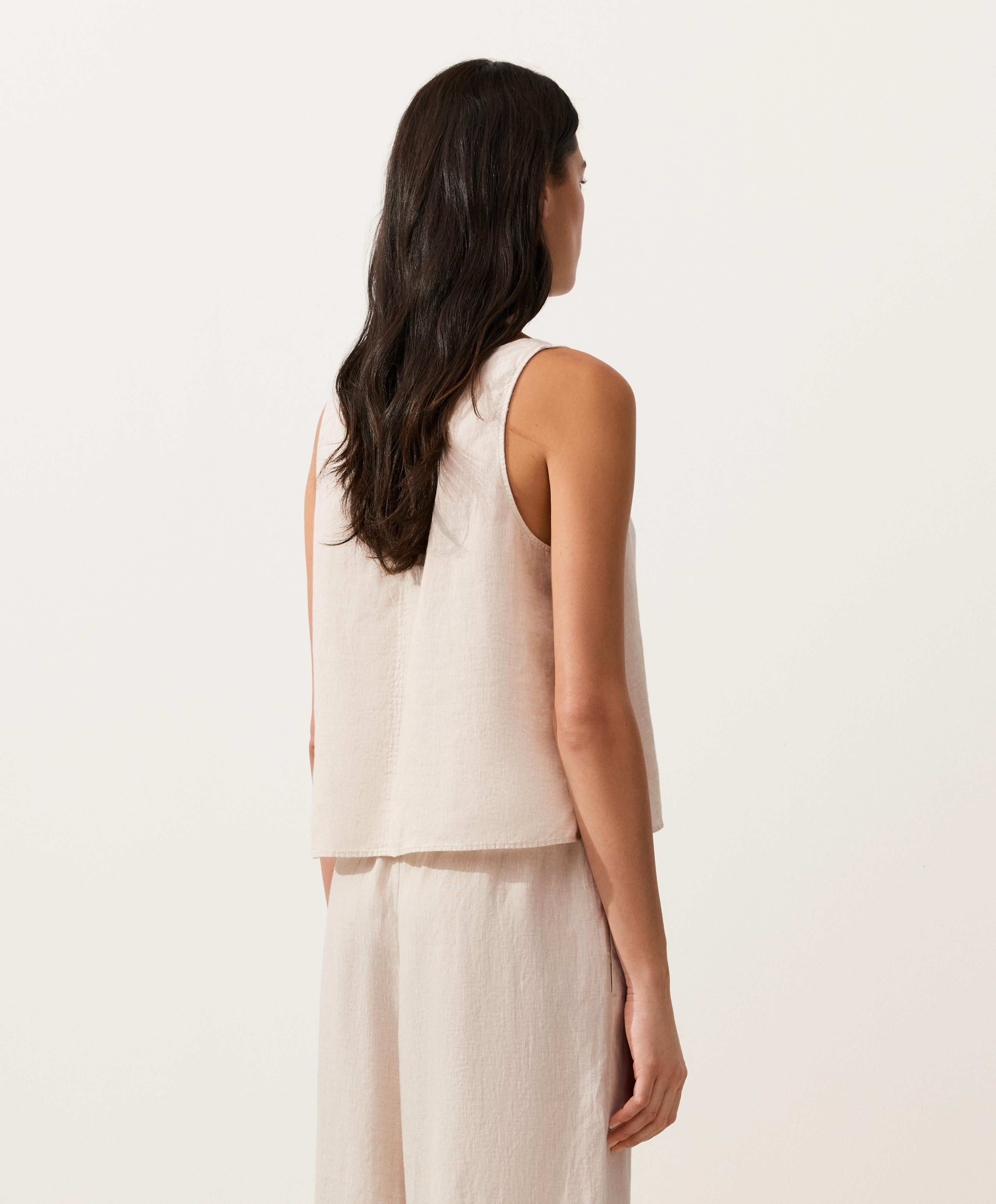 100% linen V-neck strap top — SAND MELANGE