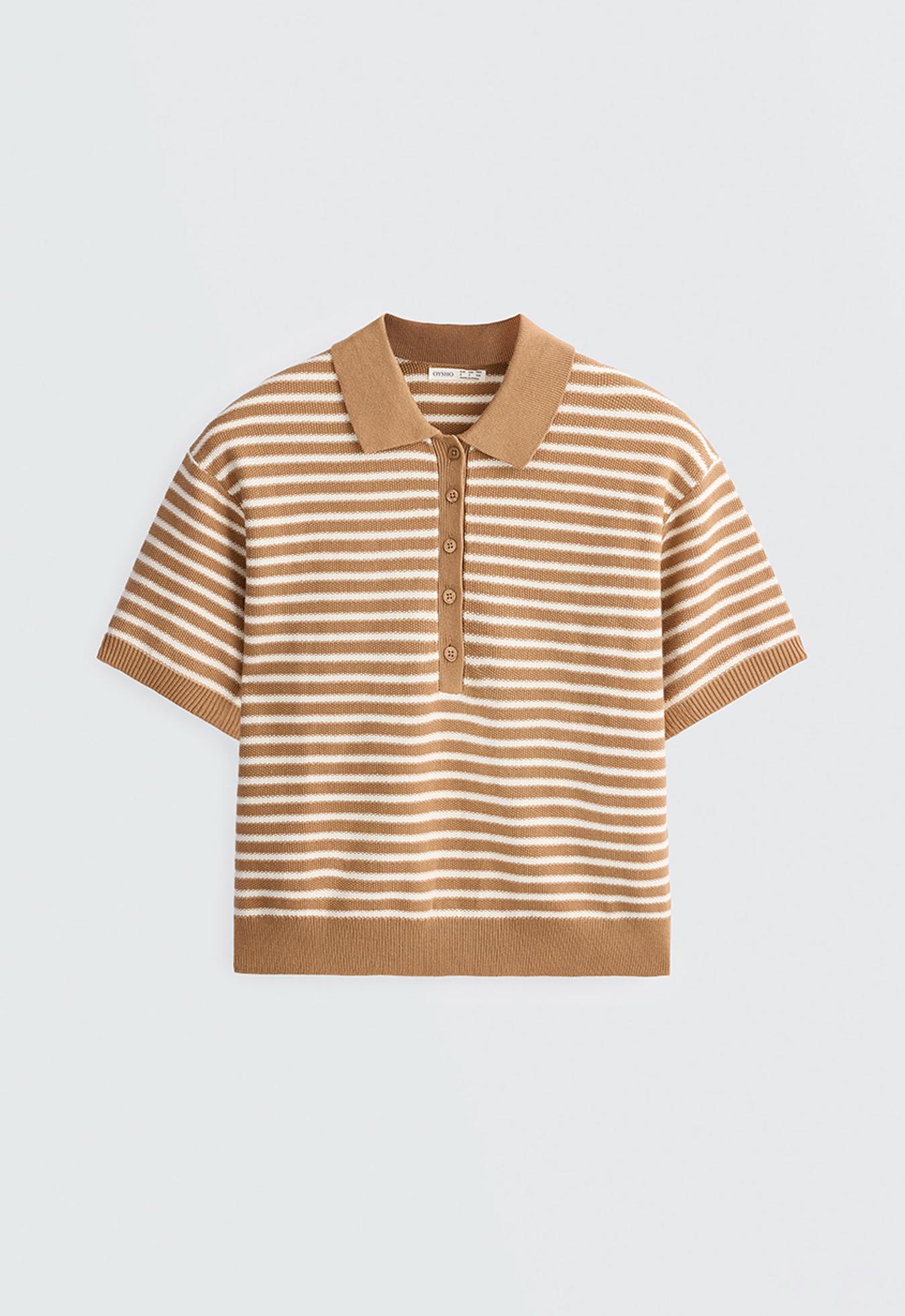 100% cotton striped knit polo shirt — PALE ECRU