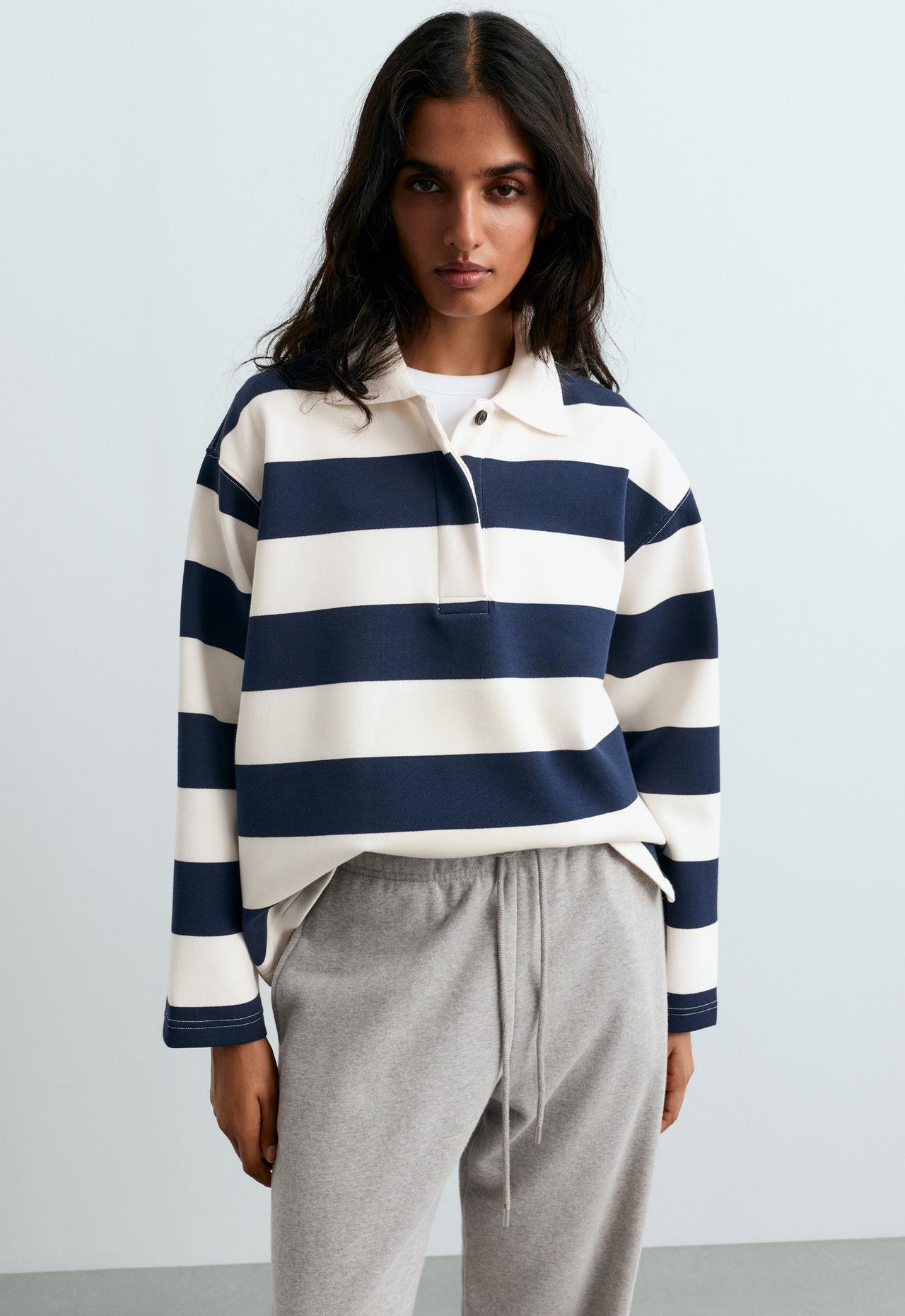 Striped jacquard cotton piqué polo shirt — NAVY BLUE