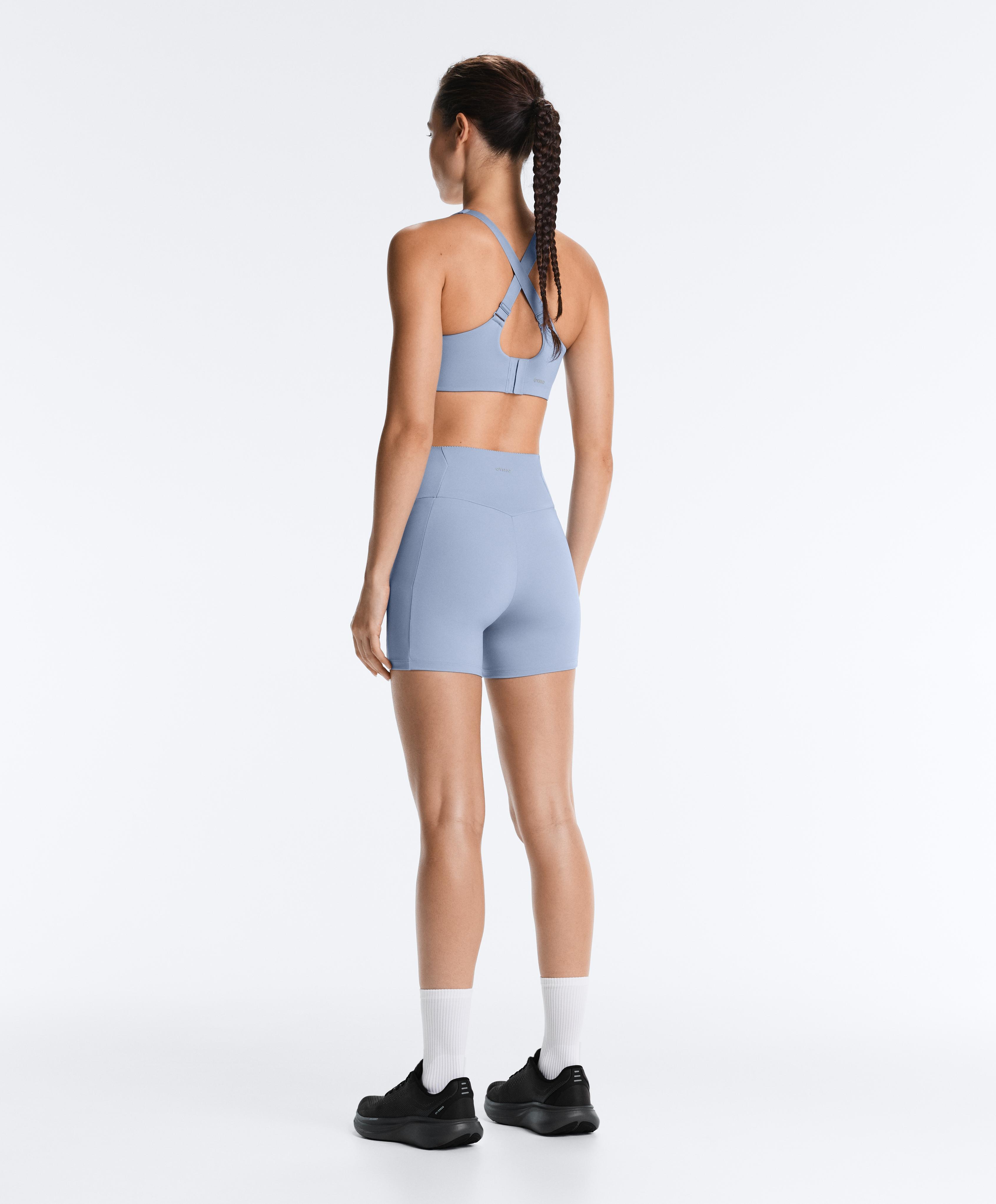 High-support Compressive sports bra with crossover back — MID GREY-BLUE