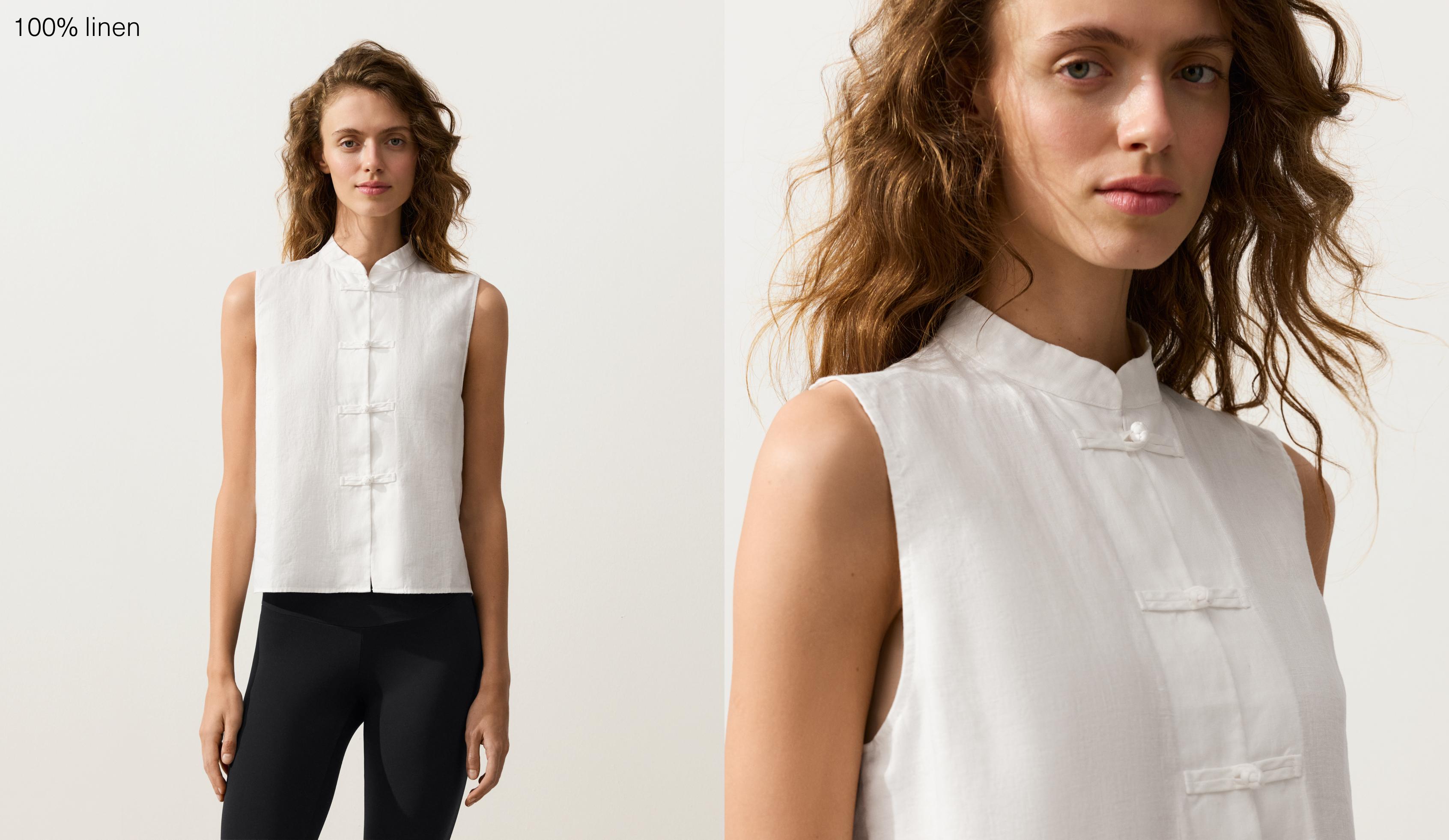 100% linen sleeveless stand-up collar shirt — WHITE