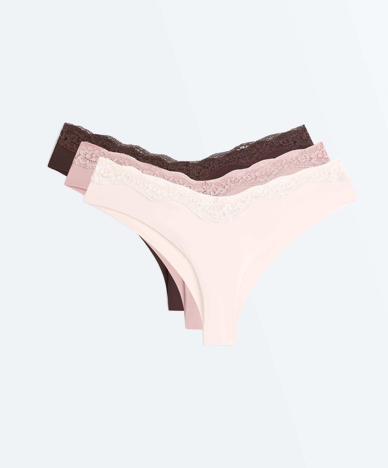 3 laser-cut polyamide blend lace Brazilian briefs — CHOCOLATE