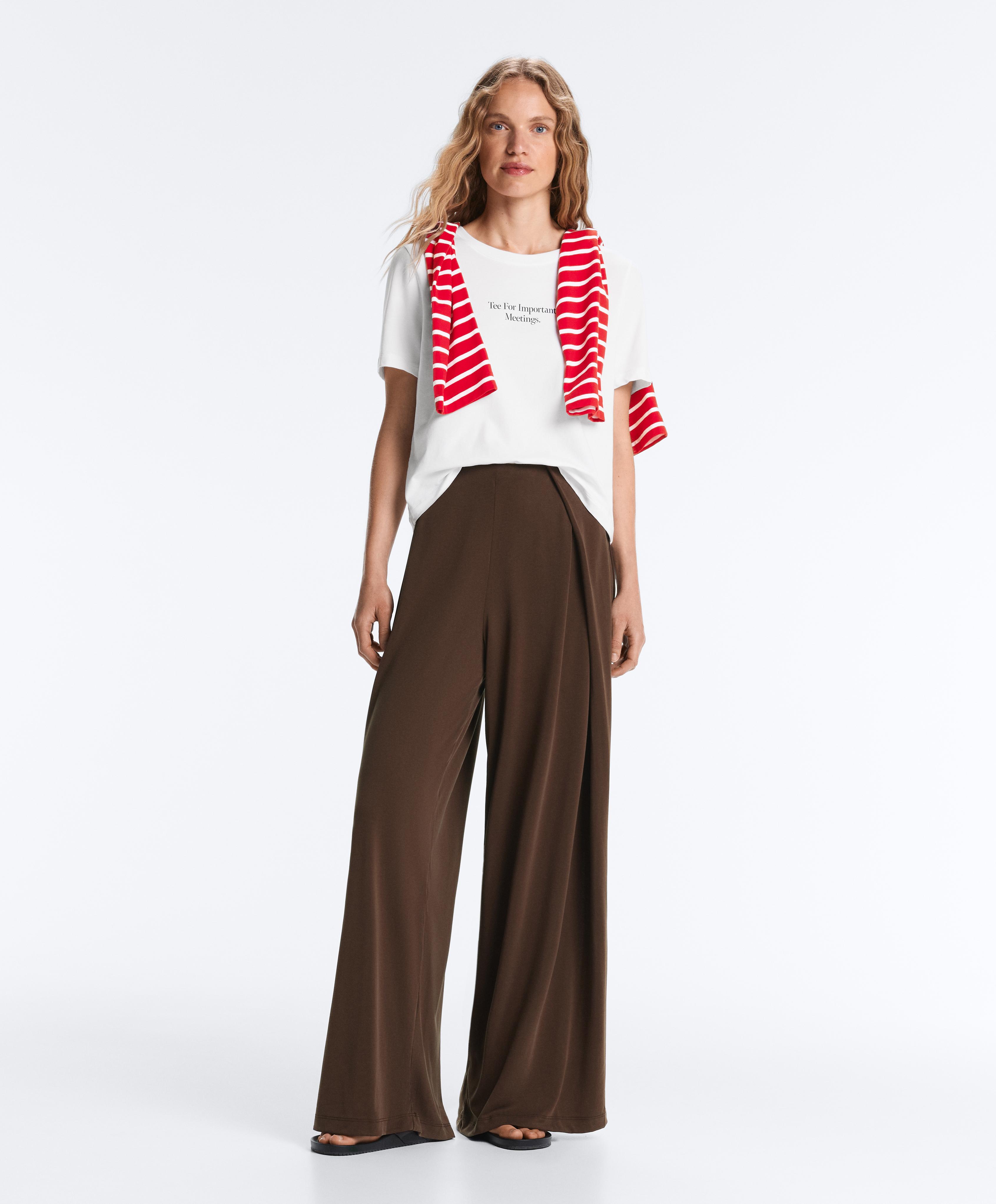 Modal blend straight-leg trousers with side pleat — DARK BROWN