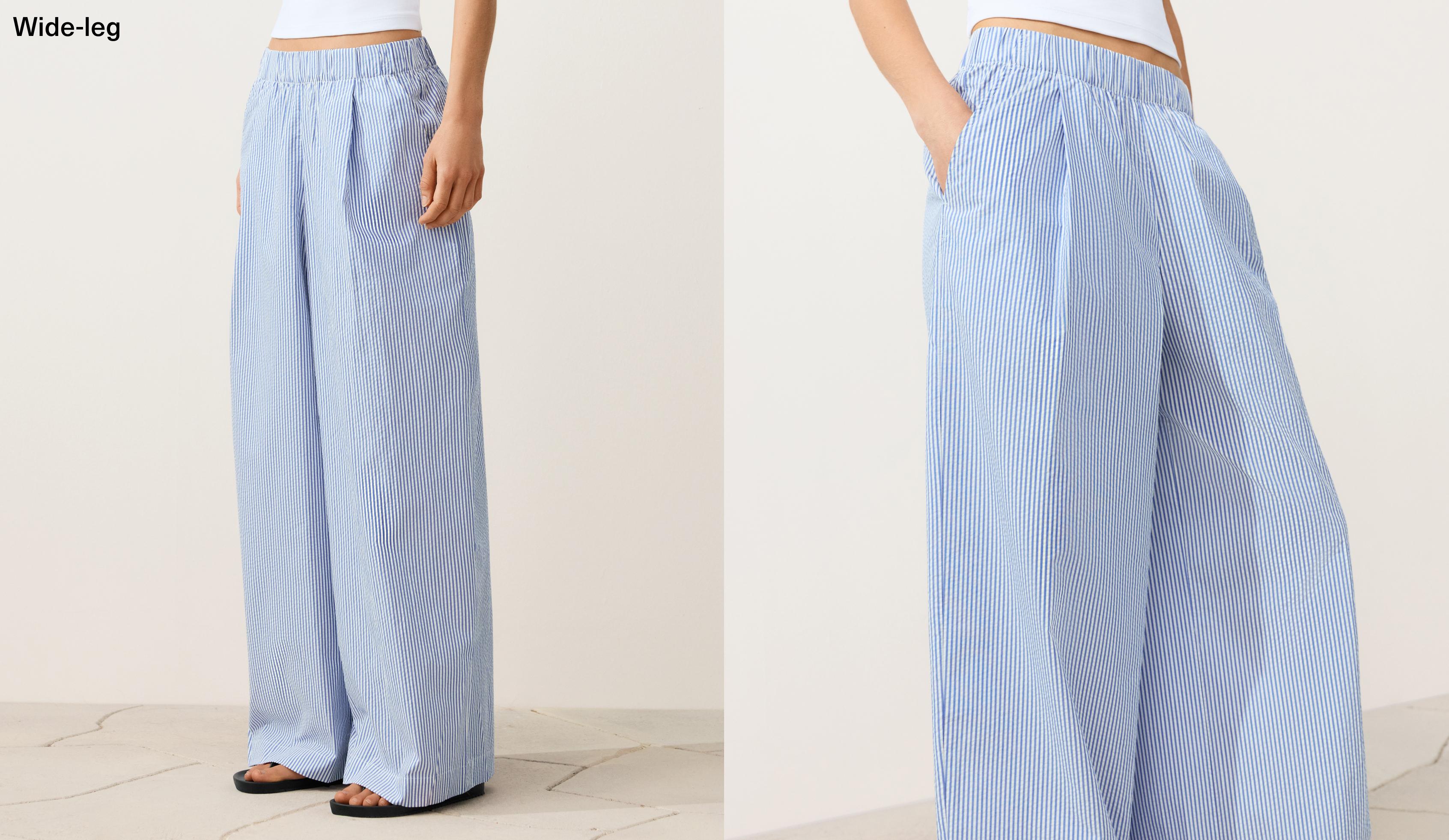 Wide-leg cotton blend striped trousers — PALE BLUE