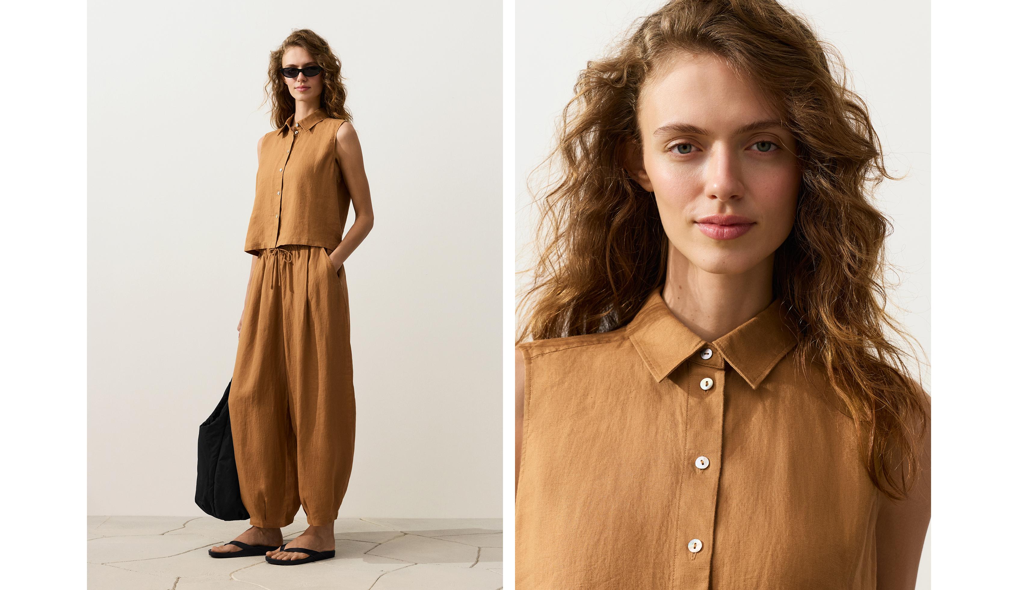 Sleeveless cropped 100% linen shirt — MUSTARD