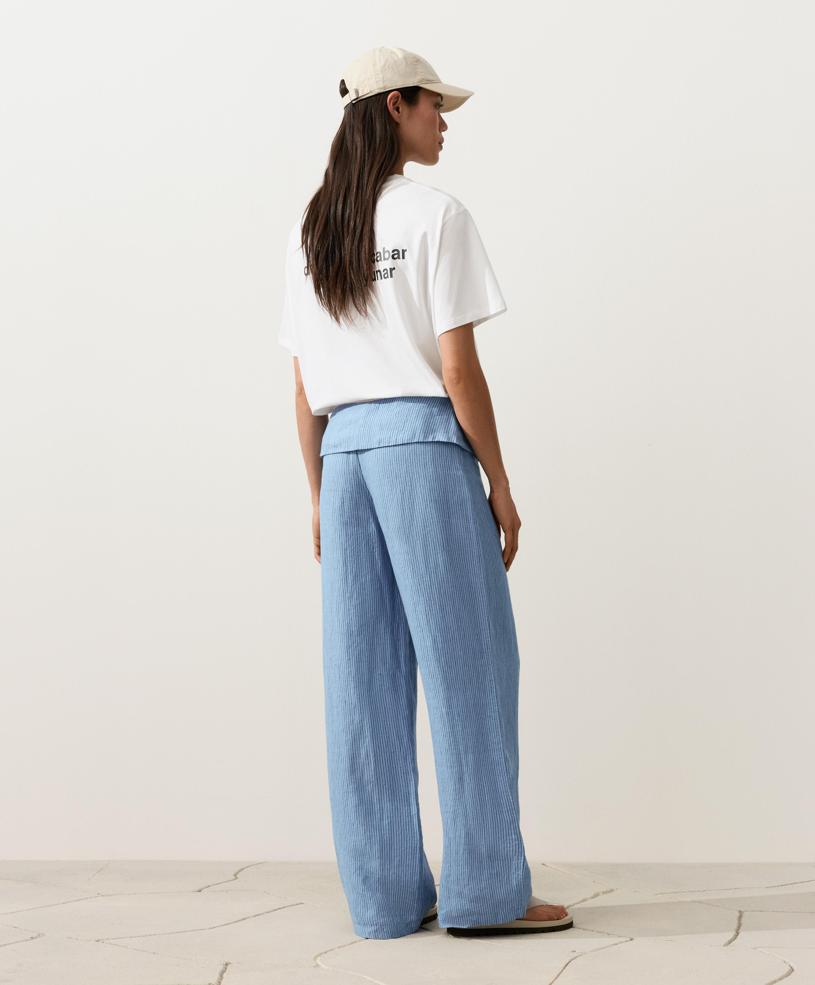 100% linen straight-leg trousers with turn-up waist — MID WASHED GREY-BLUE