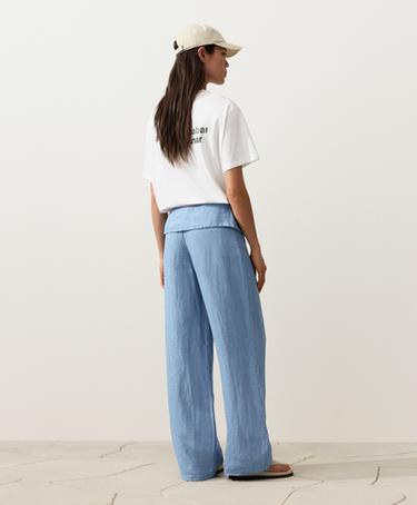 100% linen straight-leg trousers with turn-up waist — MID WASHED GREY-BLUE 5