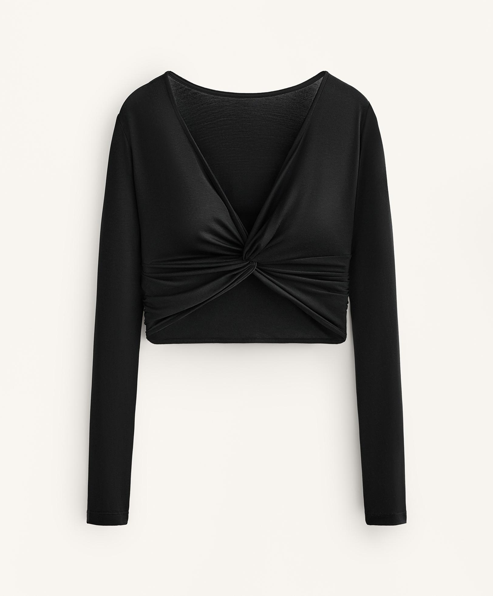 Multi-position long sleeve knotted lyocell blend T-shirt — BLACK
