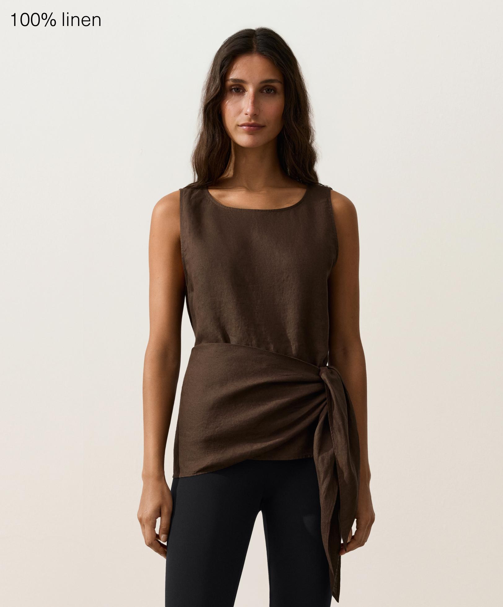 Sleeveless top with 100% linen scarf — DARK BROWN