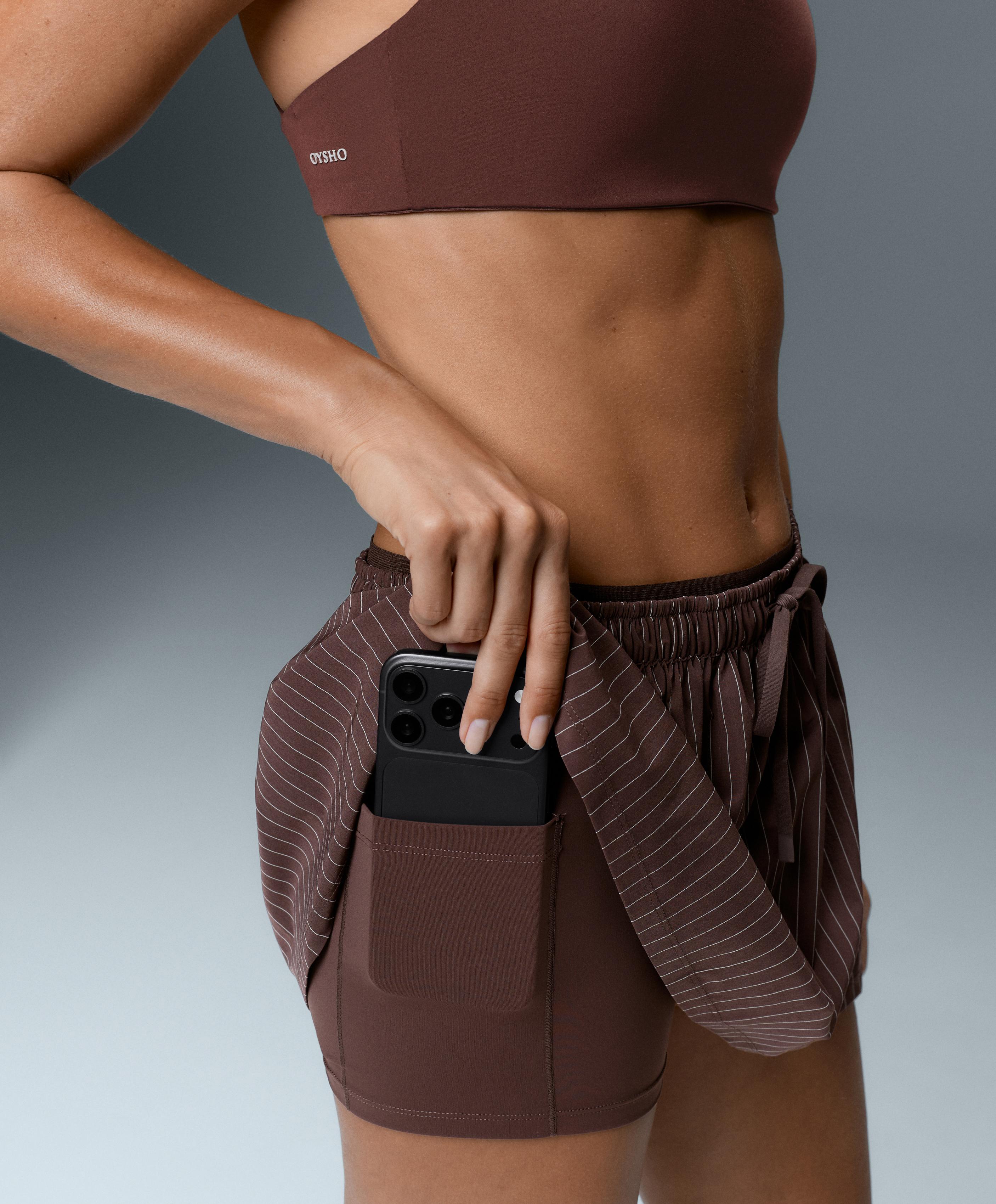 Pinstripe double-waist mini skirt — CHOCOLATE