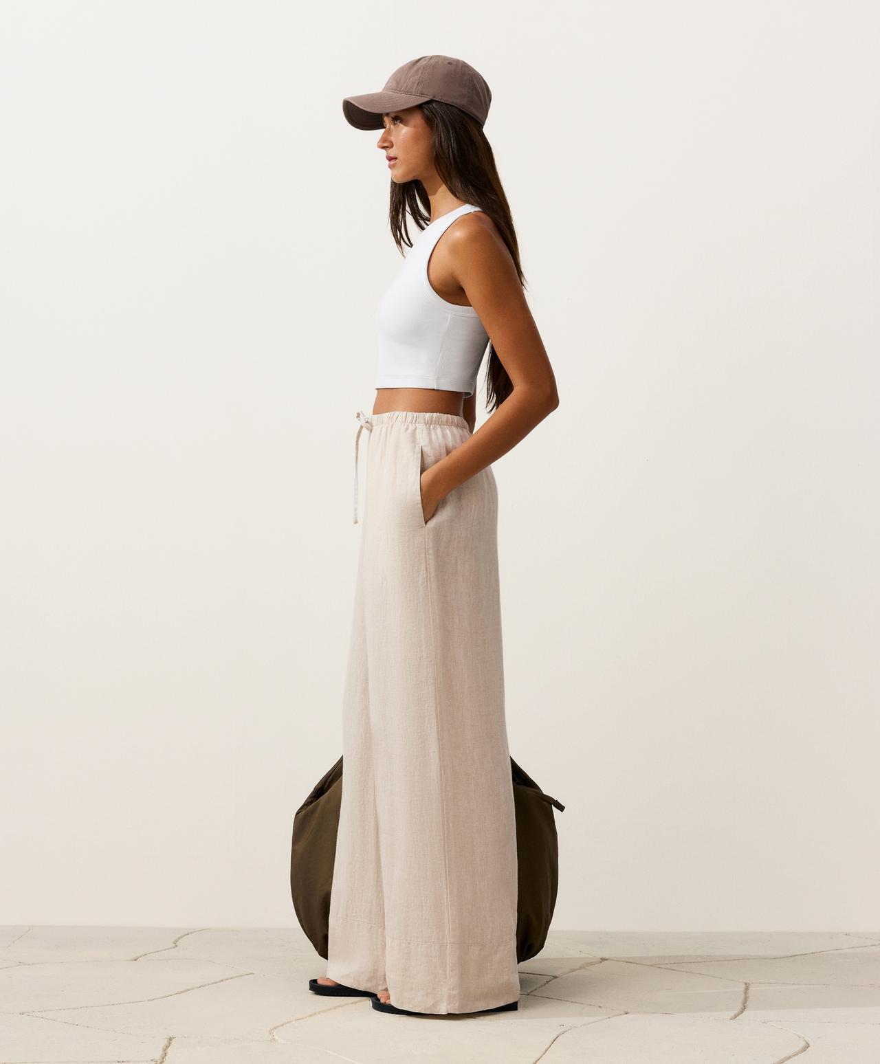 100% linen straight-leg trousers — SAND MELANGE