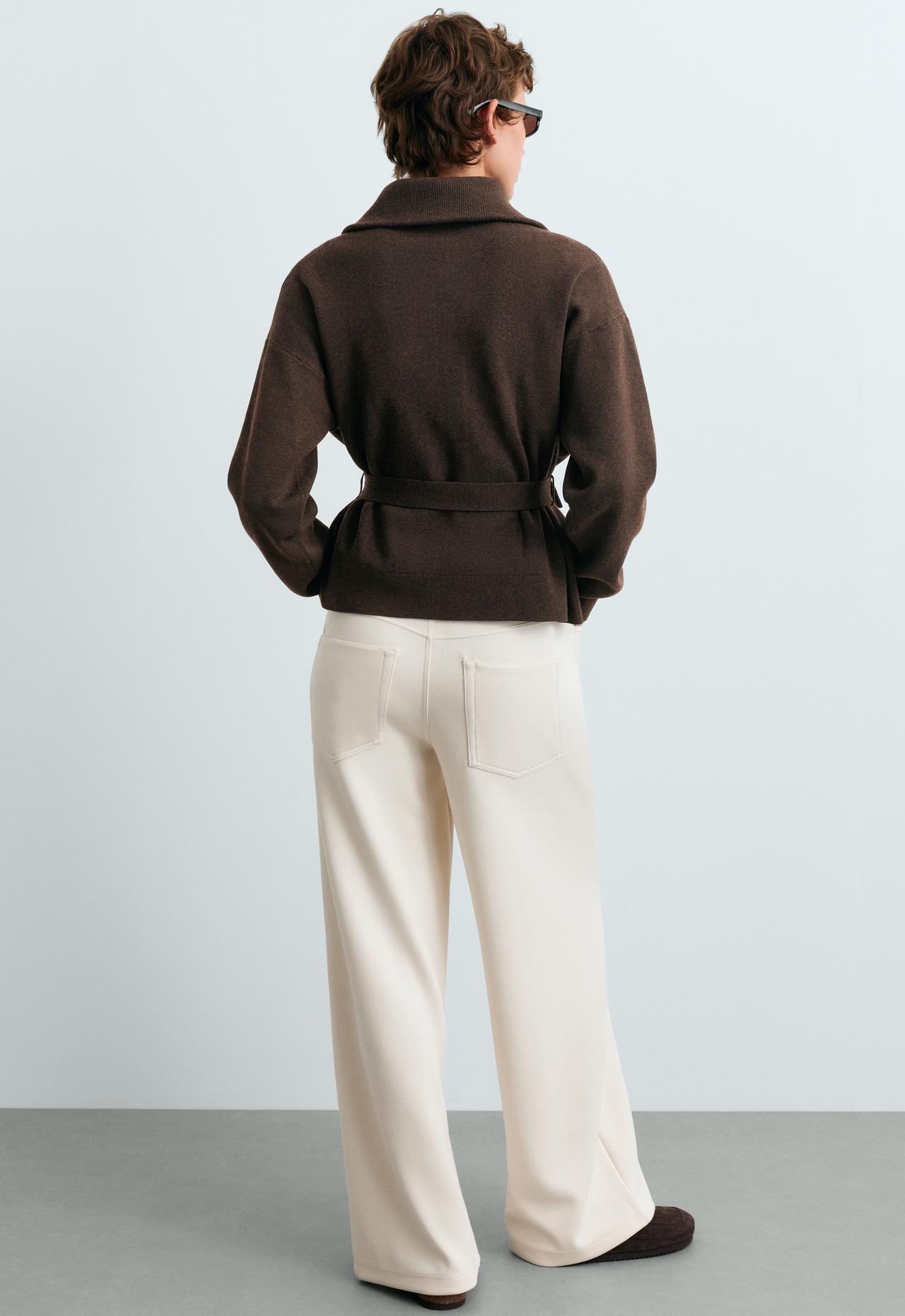 Knit jacket with high collar and belt — BROWN