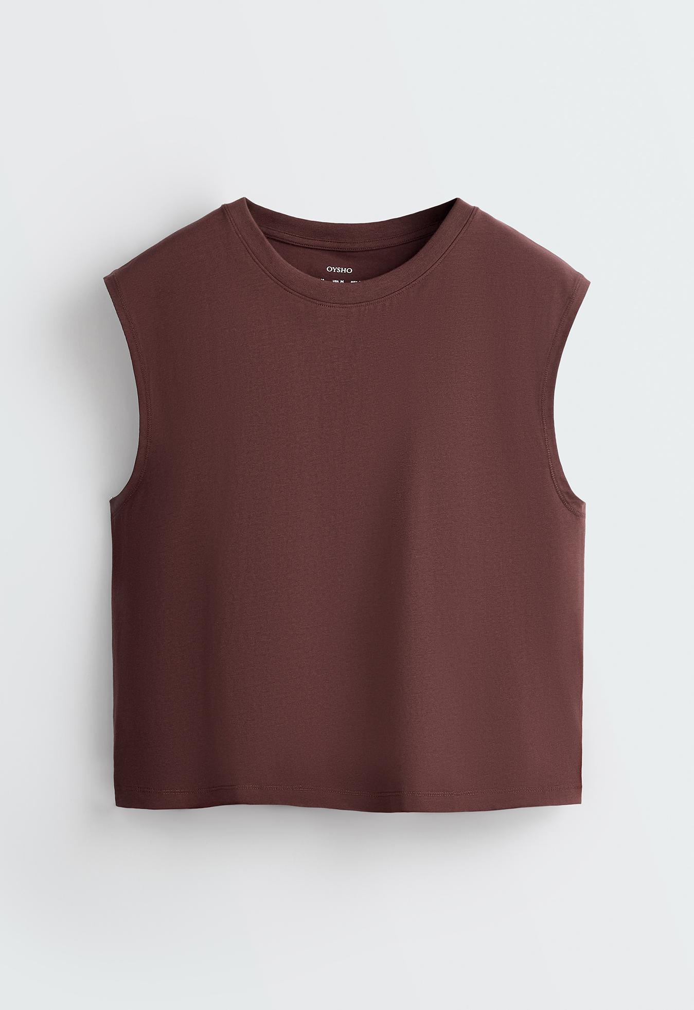 Cotton blend sleeveless T-shirt — CHOCOLATE
