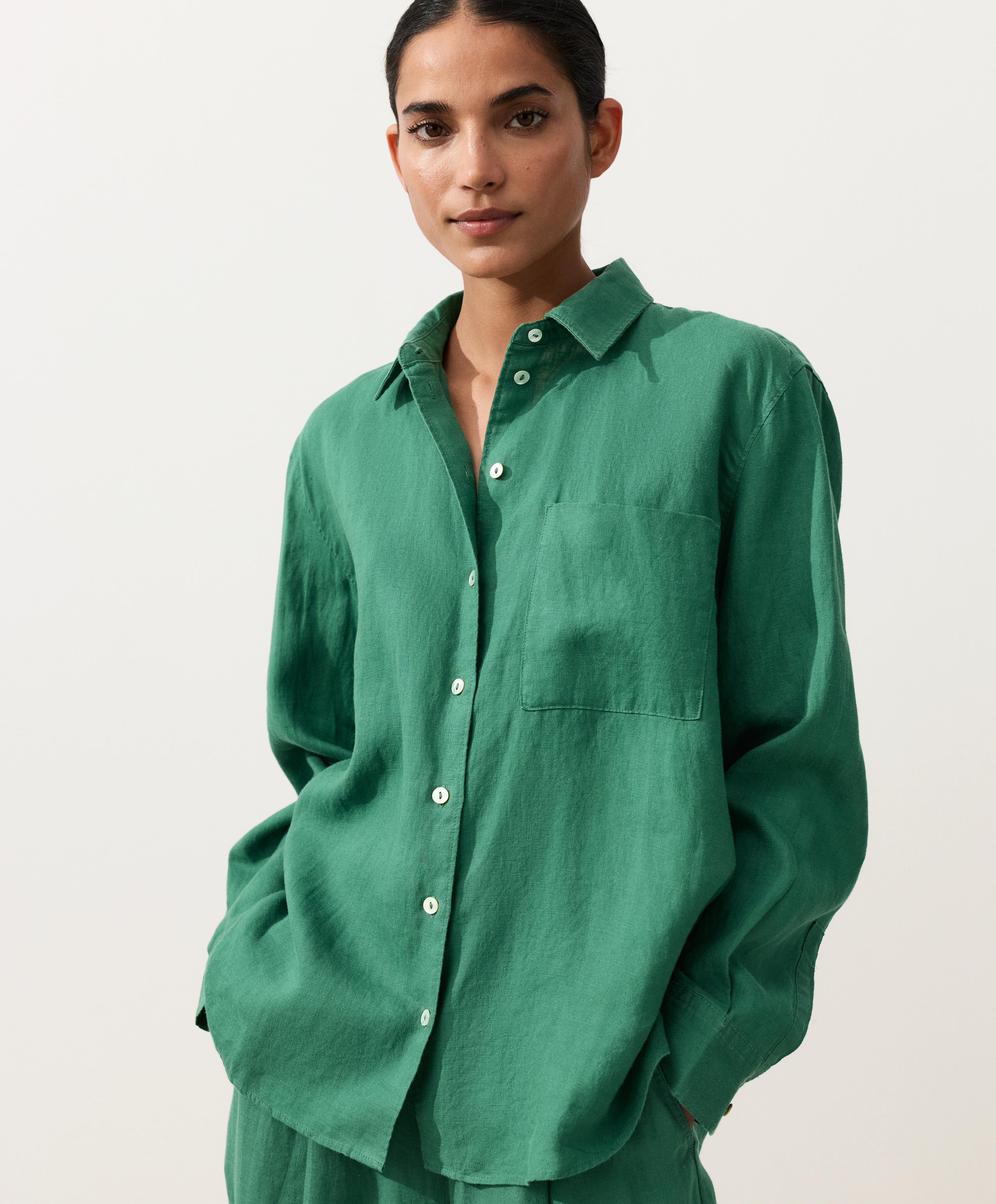 100% linen relaxed shirt — EMERALD GREEN