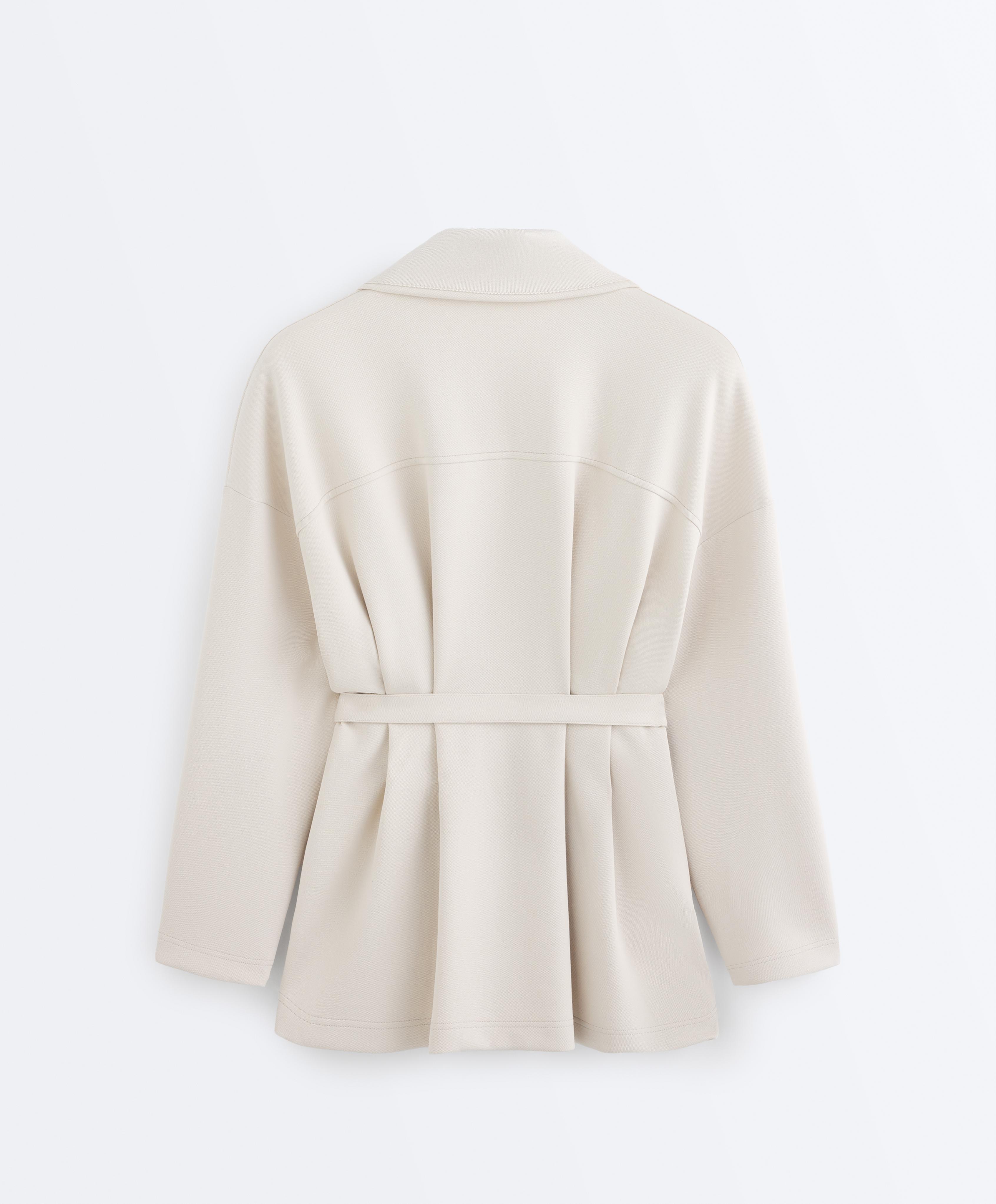 Long cotton piqué belted jacket — PALE MINK