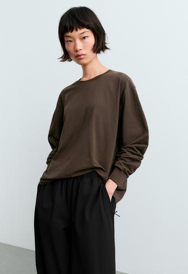 Oversize long-sleeved cotton-blend t-shirt — BROWN 2