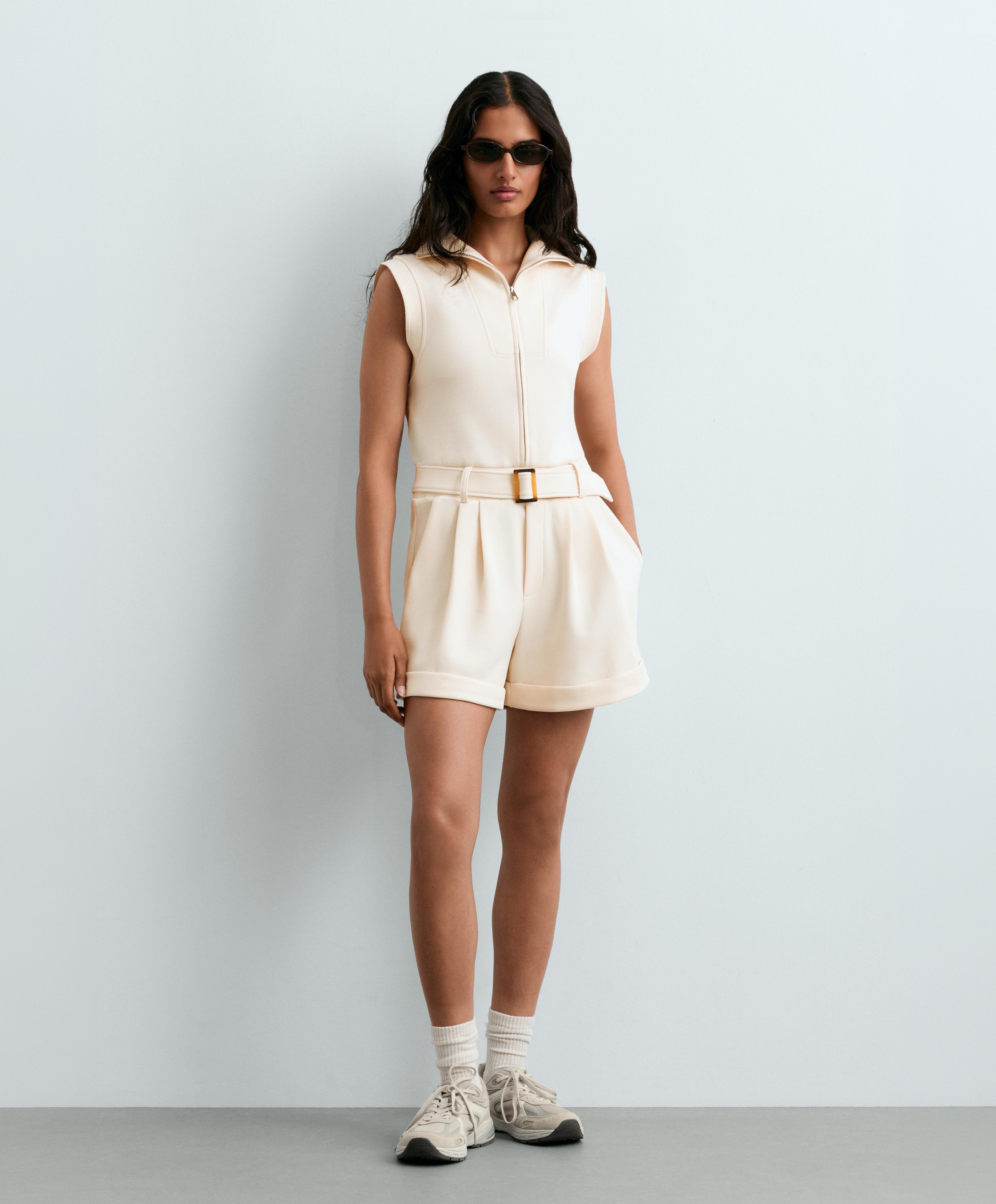 Cotton piqué short jumpsuit — PALE ECRU