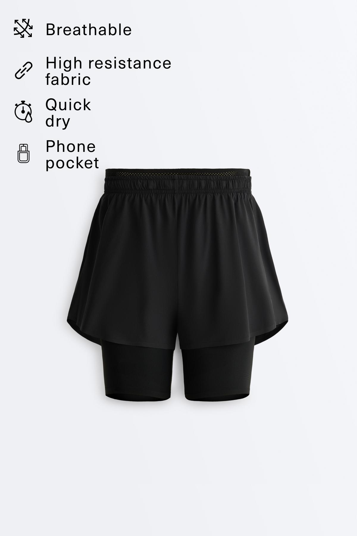Mid rise 2-in-1 technical shorts — BLACK