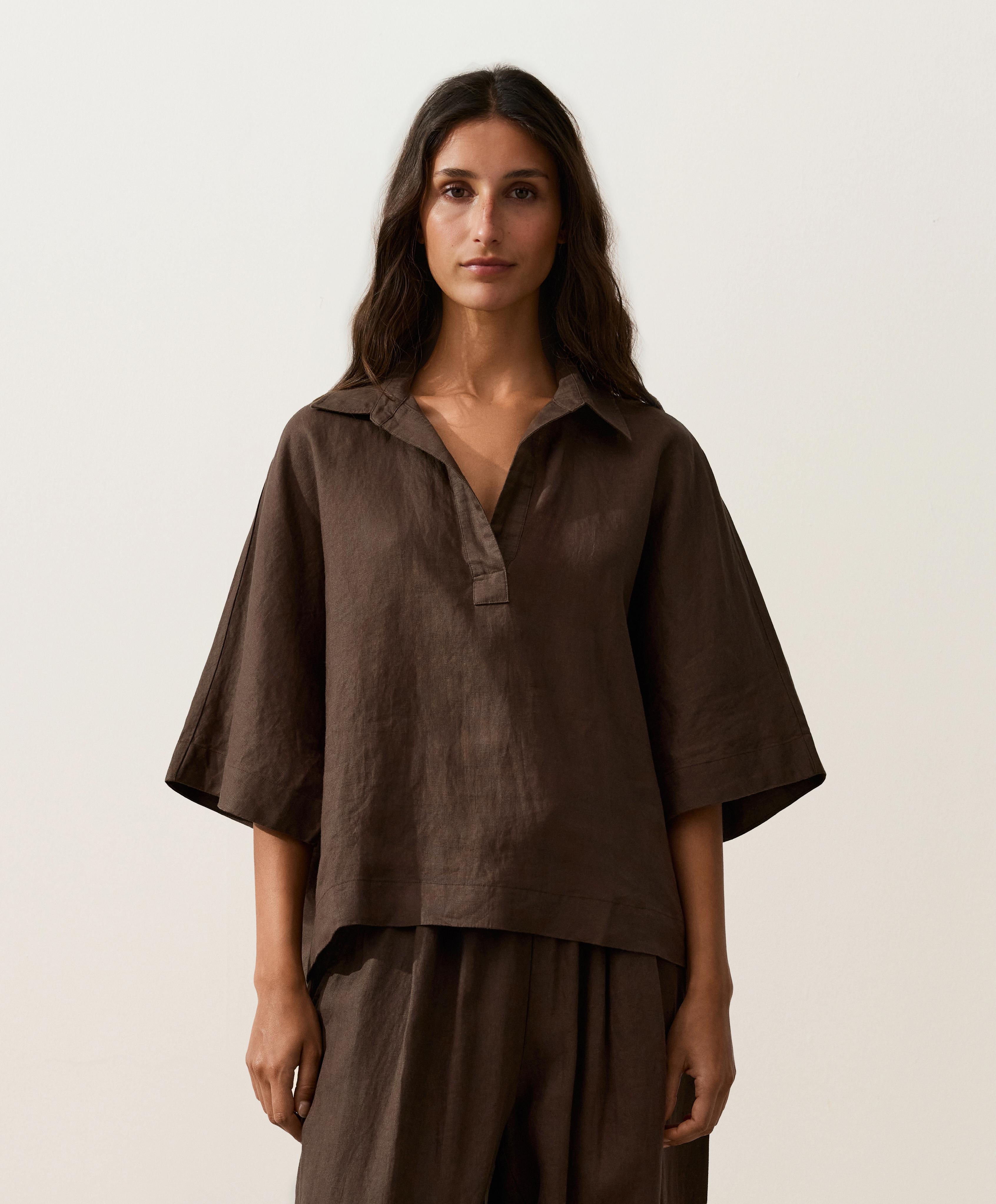 Oversize 100% linen polo shirt — DARK BROWN