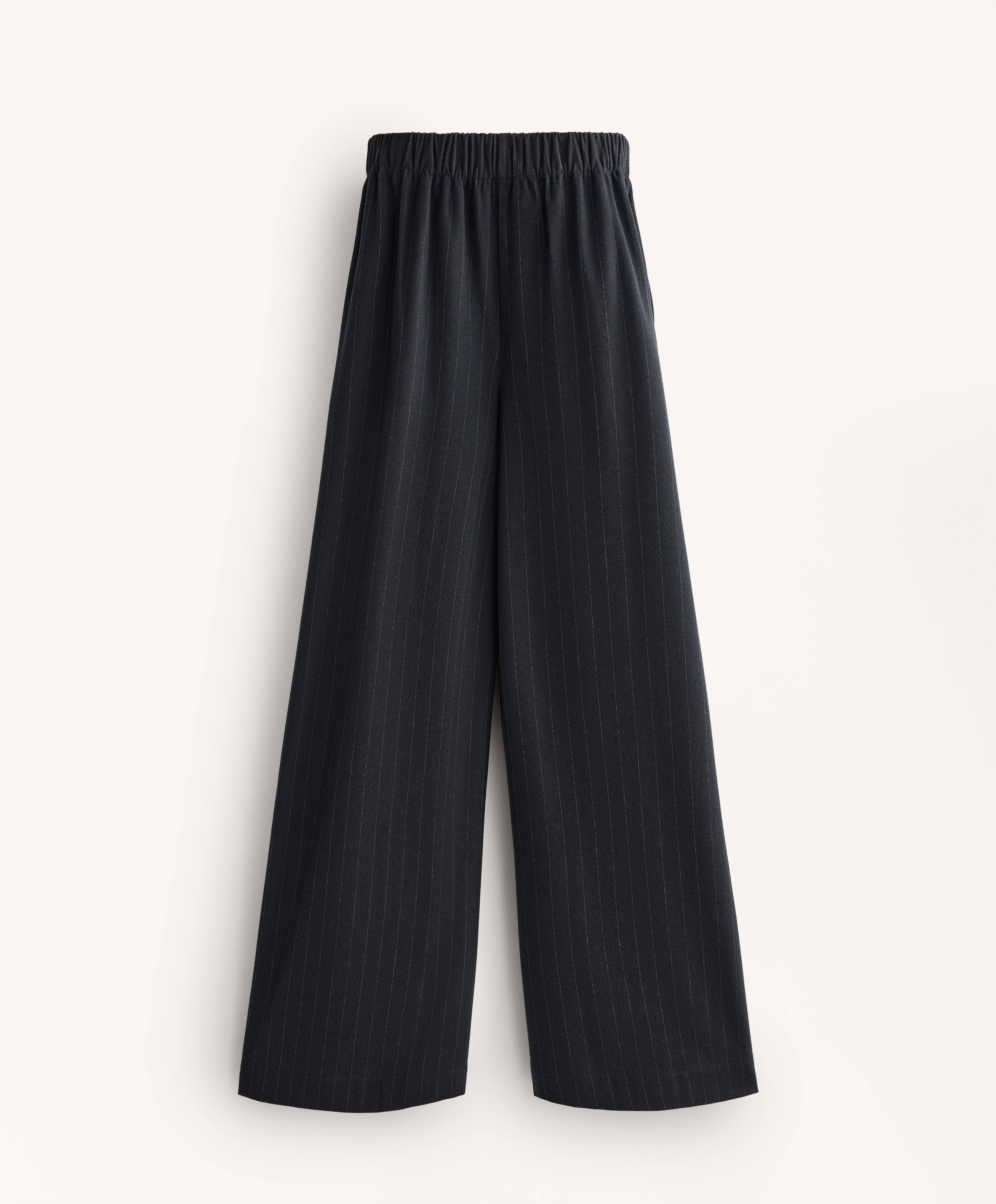 Kumaş dokulu, düz kesim, geniş paça, diplomat çizgili pantolon - Görsel 10