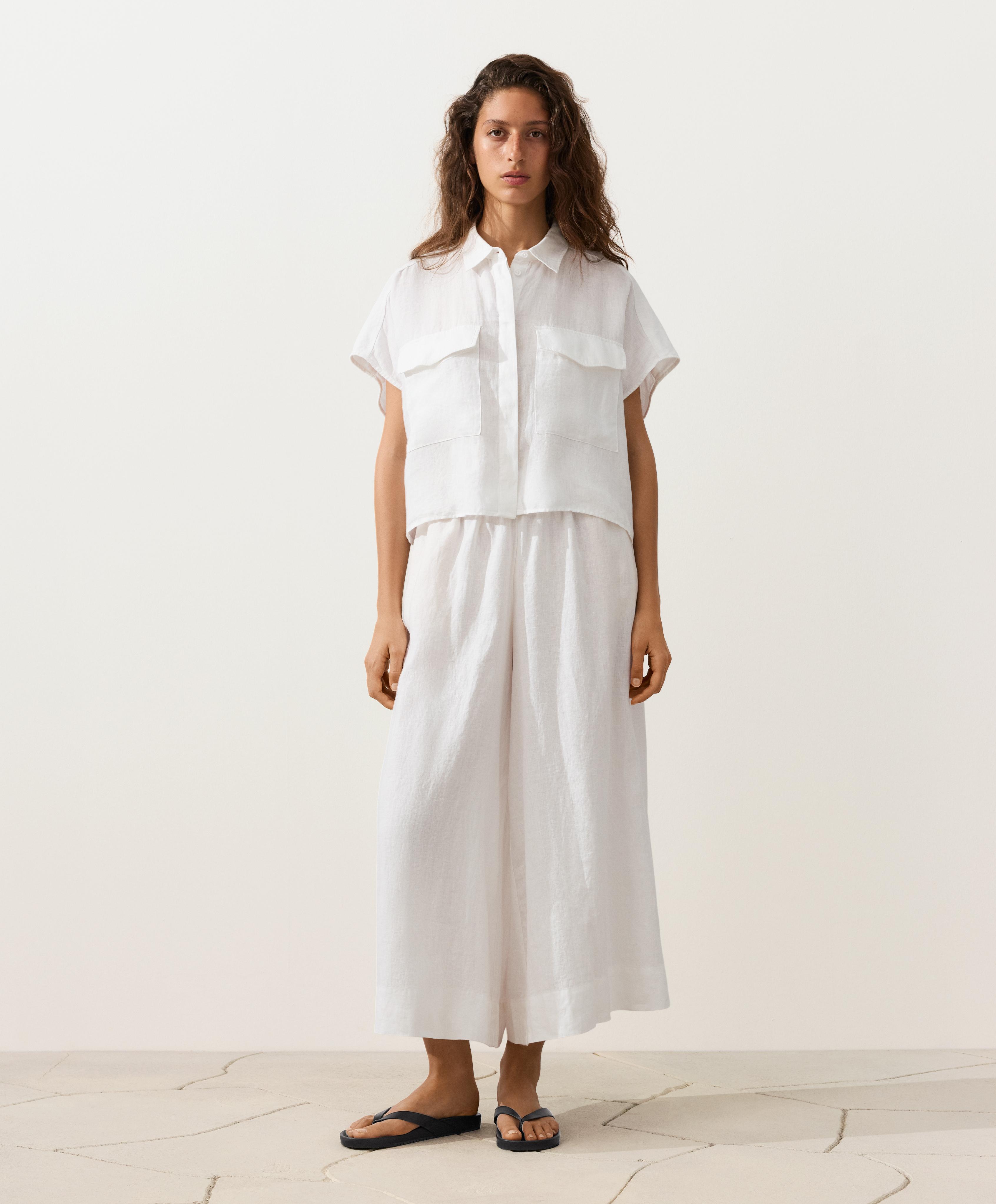 100% linen collared shirt with pockets — WHITE