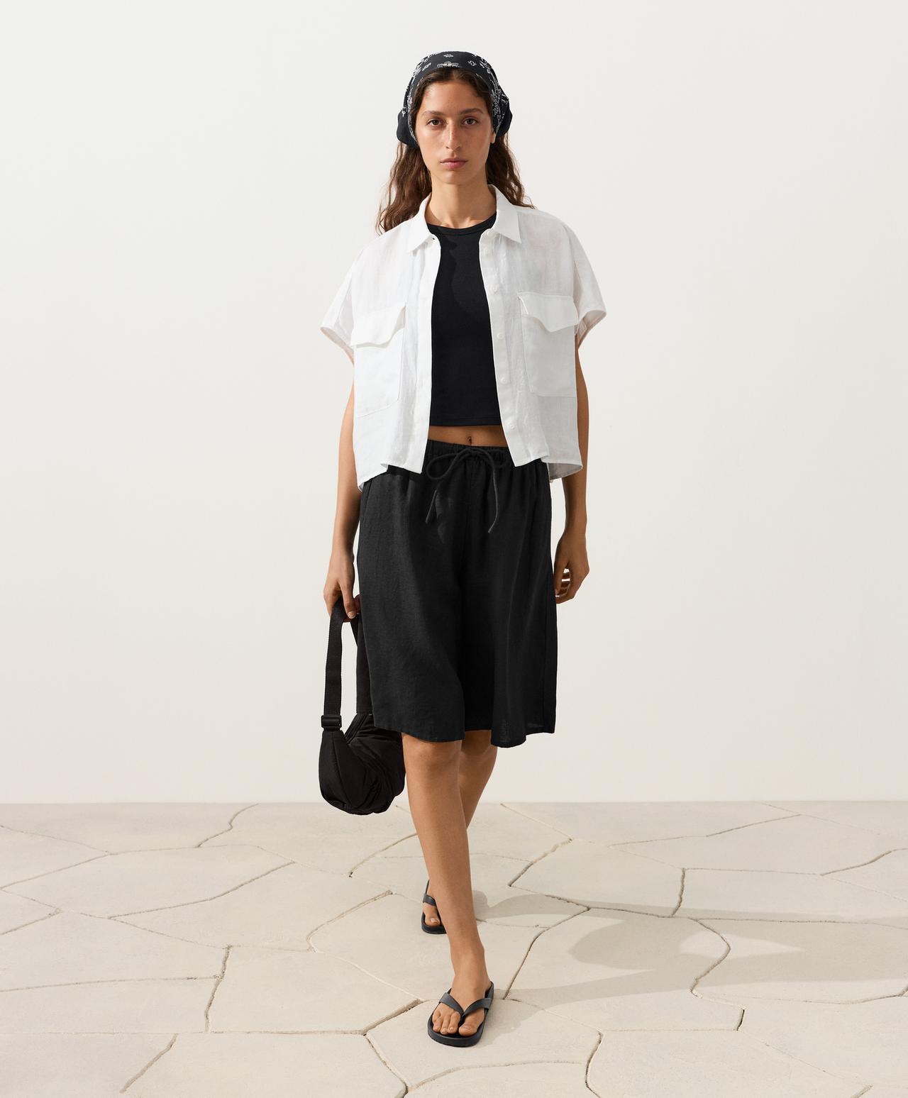 100% linen collared shirt with pockets — WHITE