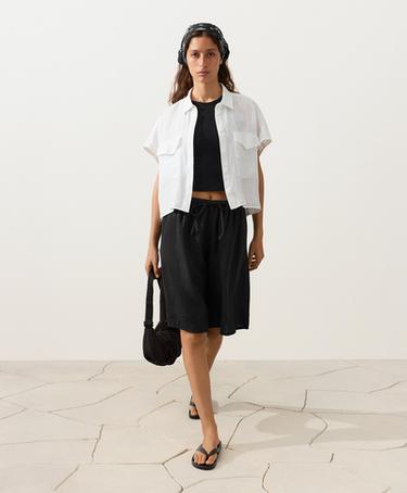 100% linen collared shirt with pockets — WHITE  5