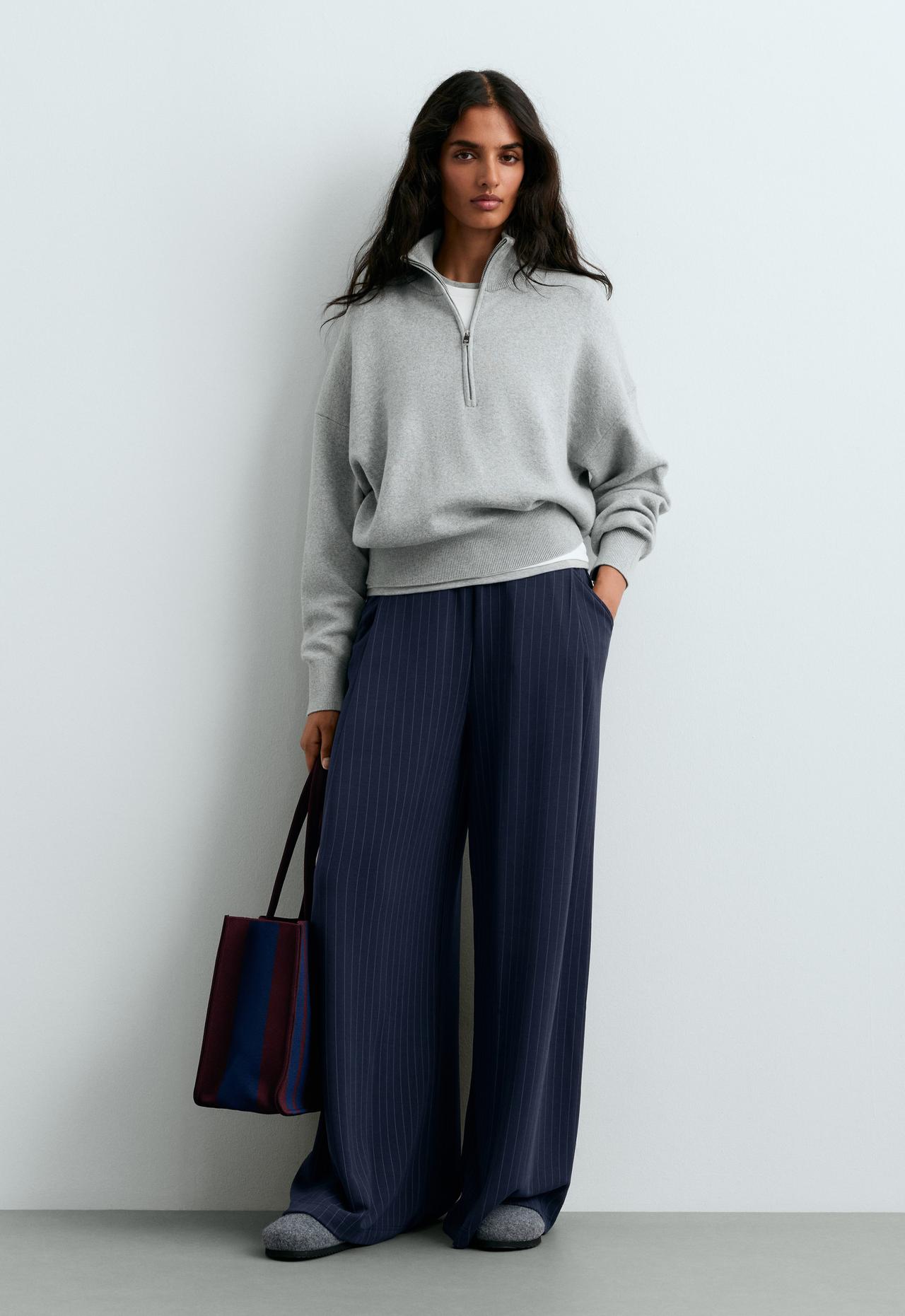 Modal pinstripe wide-leg trousers — NAVY BLUE