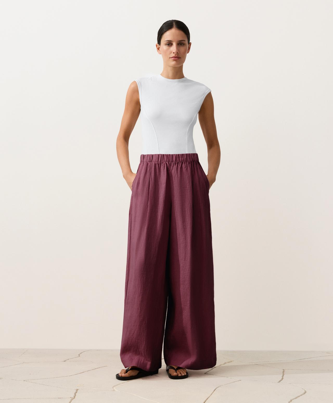 100% linen wide-leg trousers — CHERRY