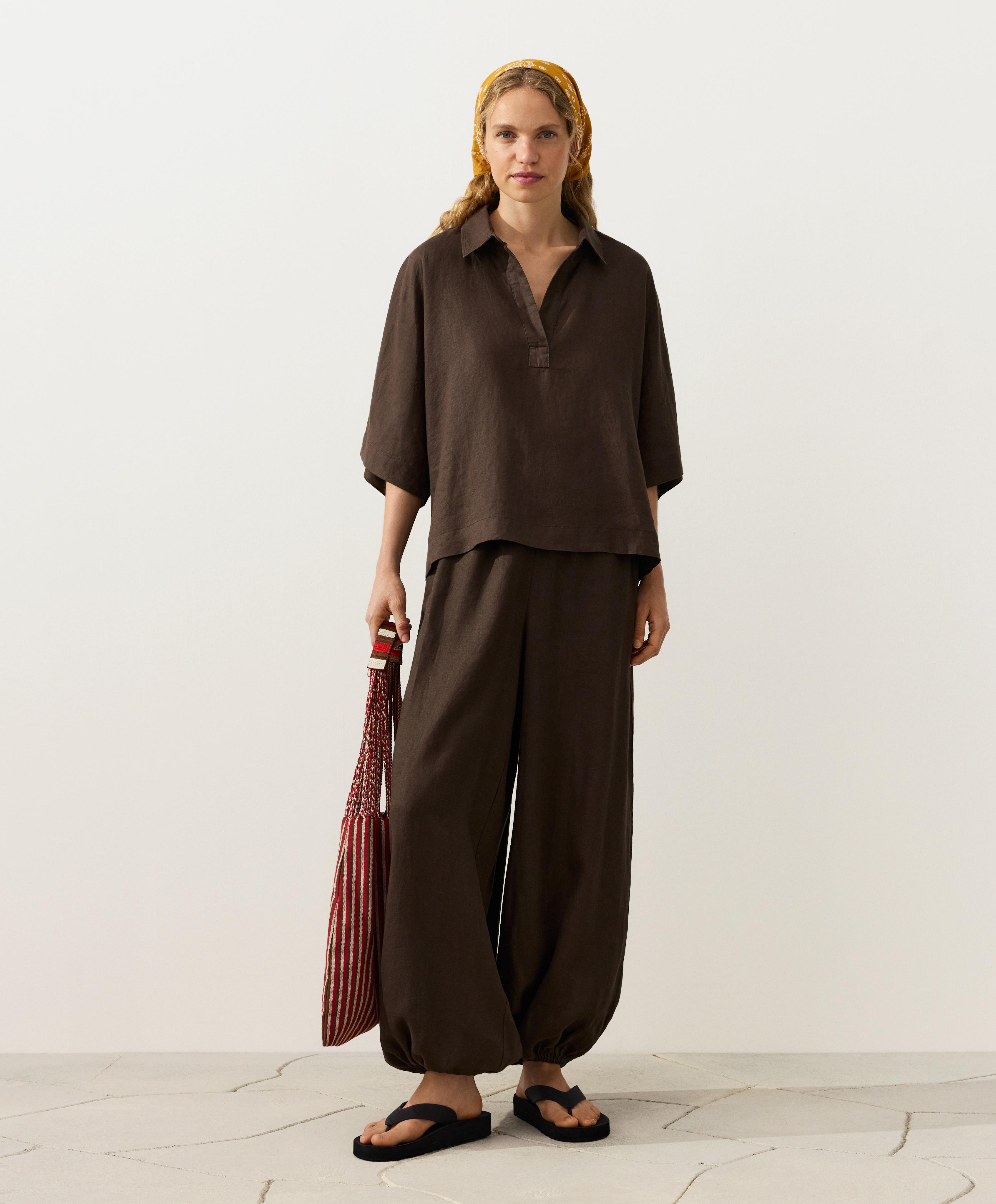 Oversize short-sleeve 100% linen polo shirt — DARK BROWN